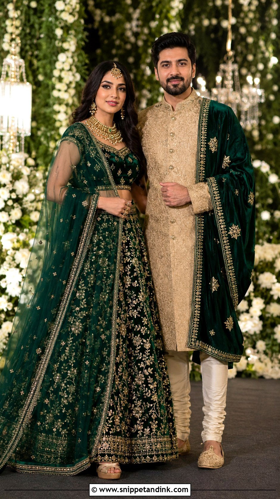 Emerald Green Lehenga And Gold Sherwani - Snippet and Ink - 20 Couple Matching Dress Indian Wedding Ideas
