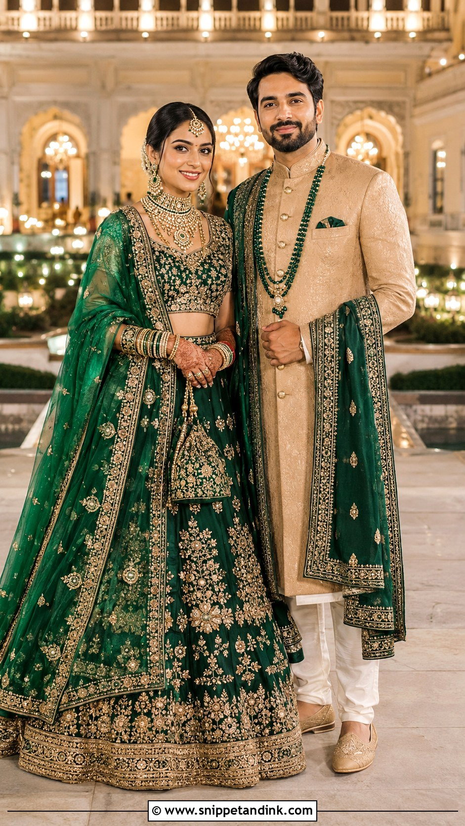 Emerald Green Lehenga And Gold Sherwani Outfit - Snippet and Ink - 20 Indian Couple Wedding Outfit Ideas