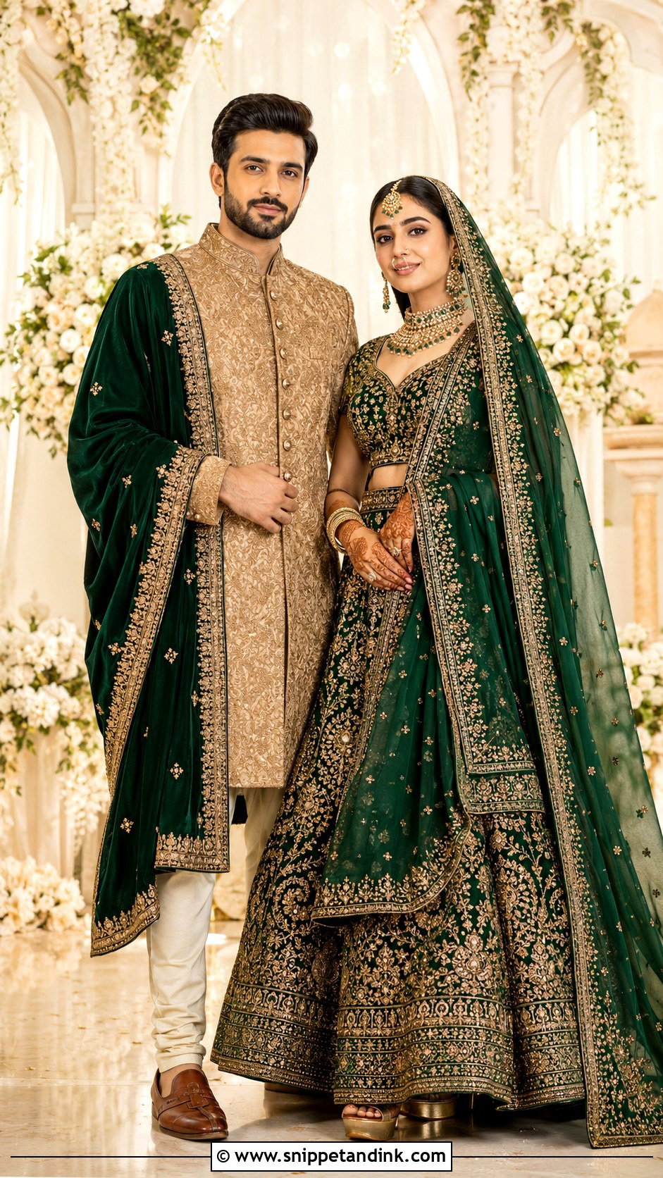 Emerald Green Lehenga And Gold Sherwani - Snippet and Ink - 20 Couple Matching Outfits Indian Wedding