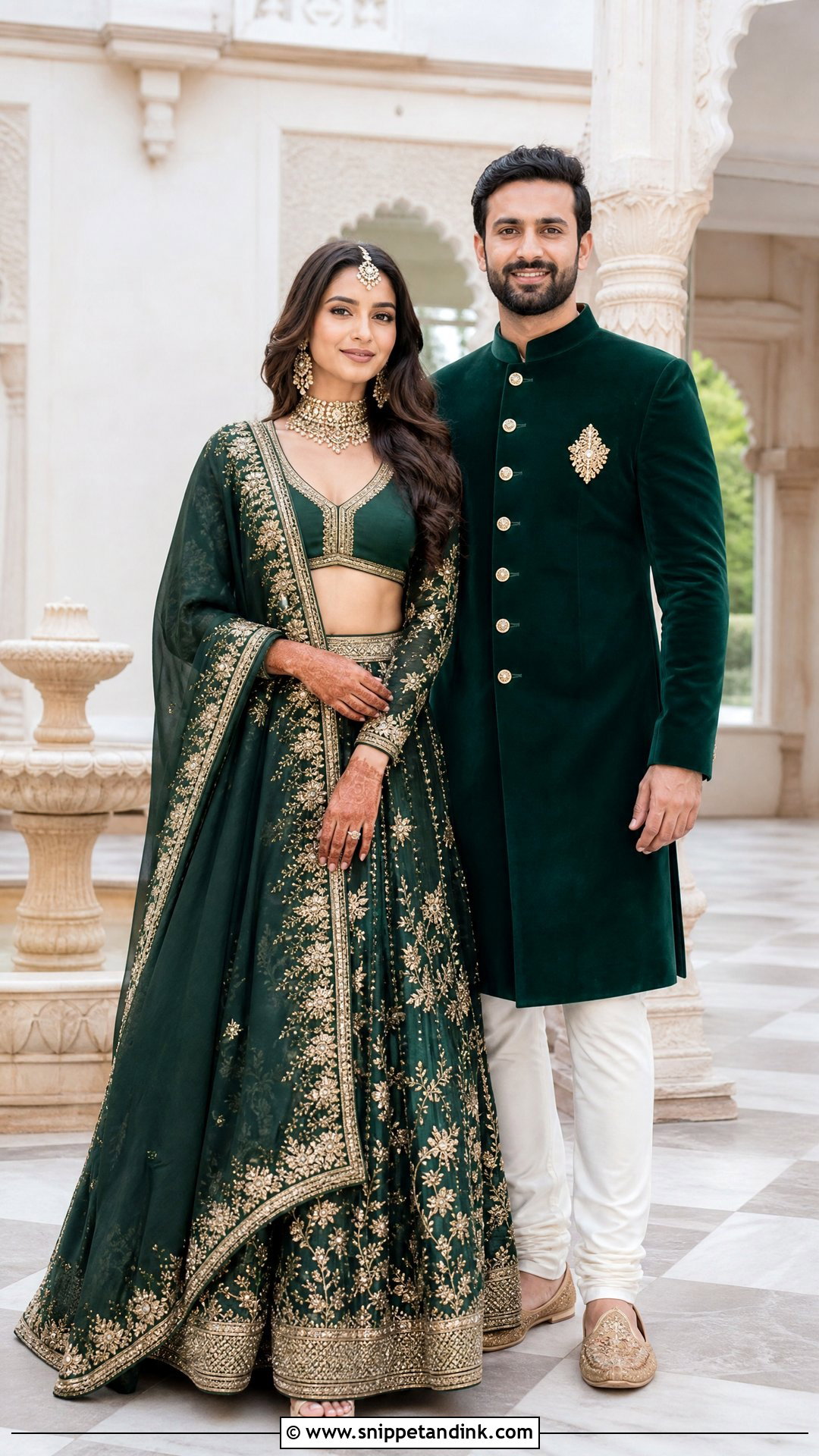 Emerald Green Lehenga And Velvet Sherwani Sangeet Couple Outfit - Snippet and Ink - 20 Sangeet Outfit for Couple Ideas