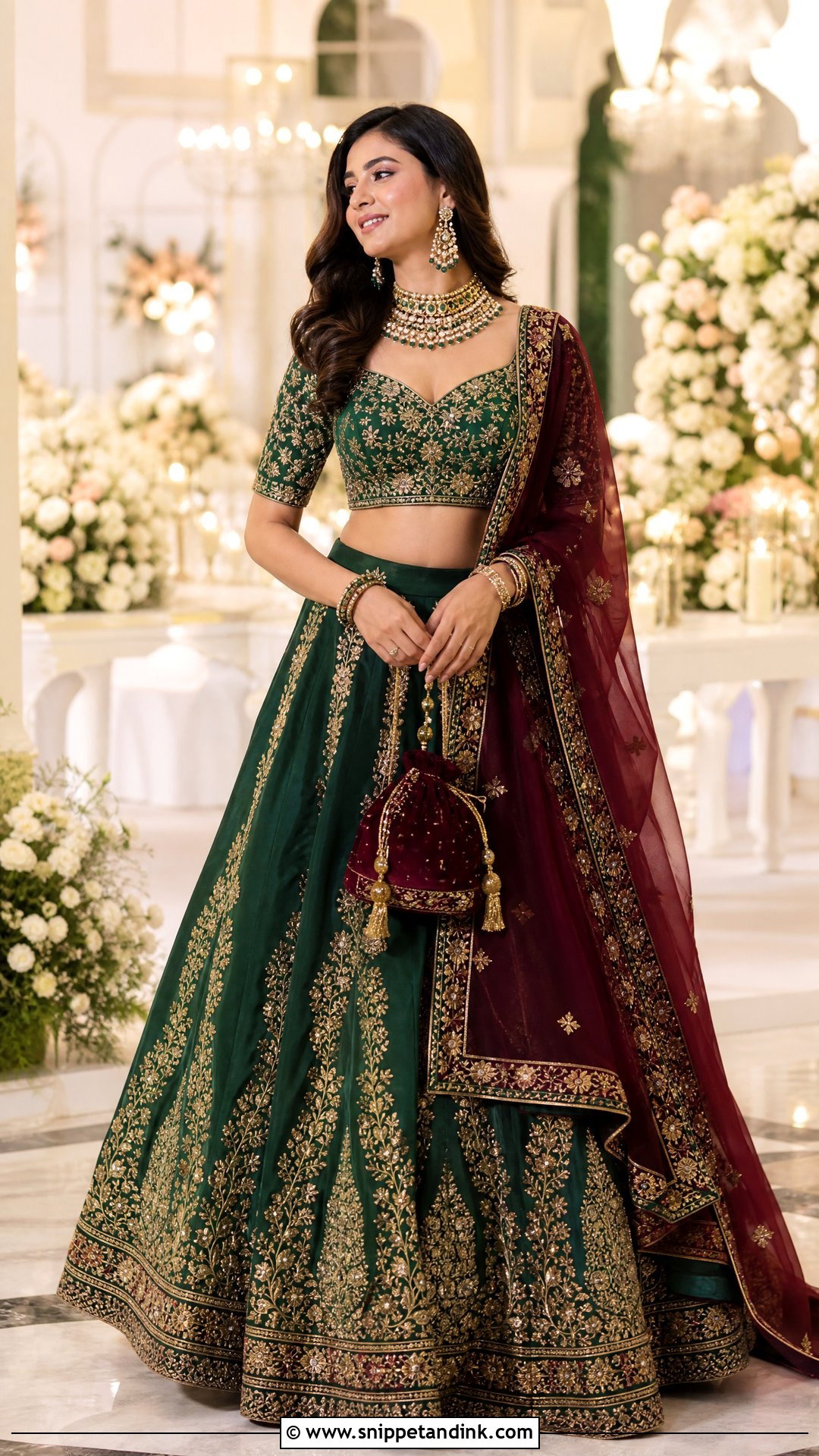 Emerald Green Lehenga With Maroon Dupatta - Snippet and Ink - 20 Maroon Dupatta Combination Ideas