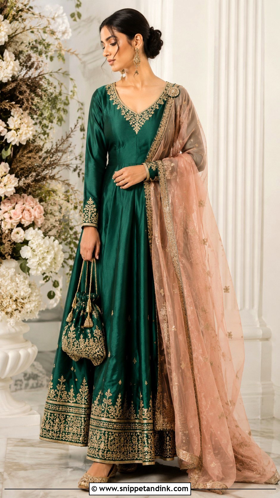 Emerald Green Long Gown With Dupatta - Snippet and Ink - 20 Long Gown with Dupatta Ideas