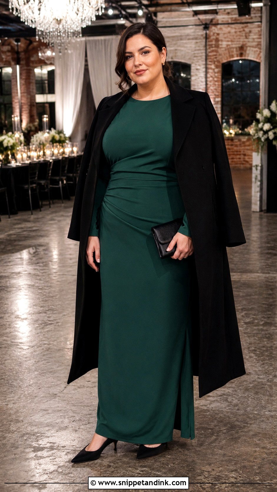 Emerald Green Maxi Dress With Black Kitten Heels - Snippet and Ink - 20 Casual Winter Wedding Dress Ideas