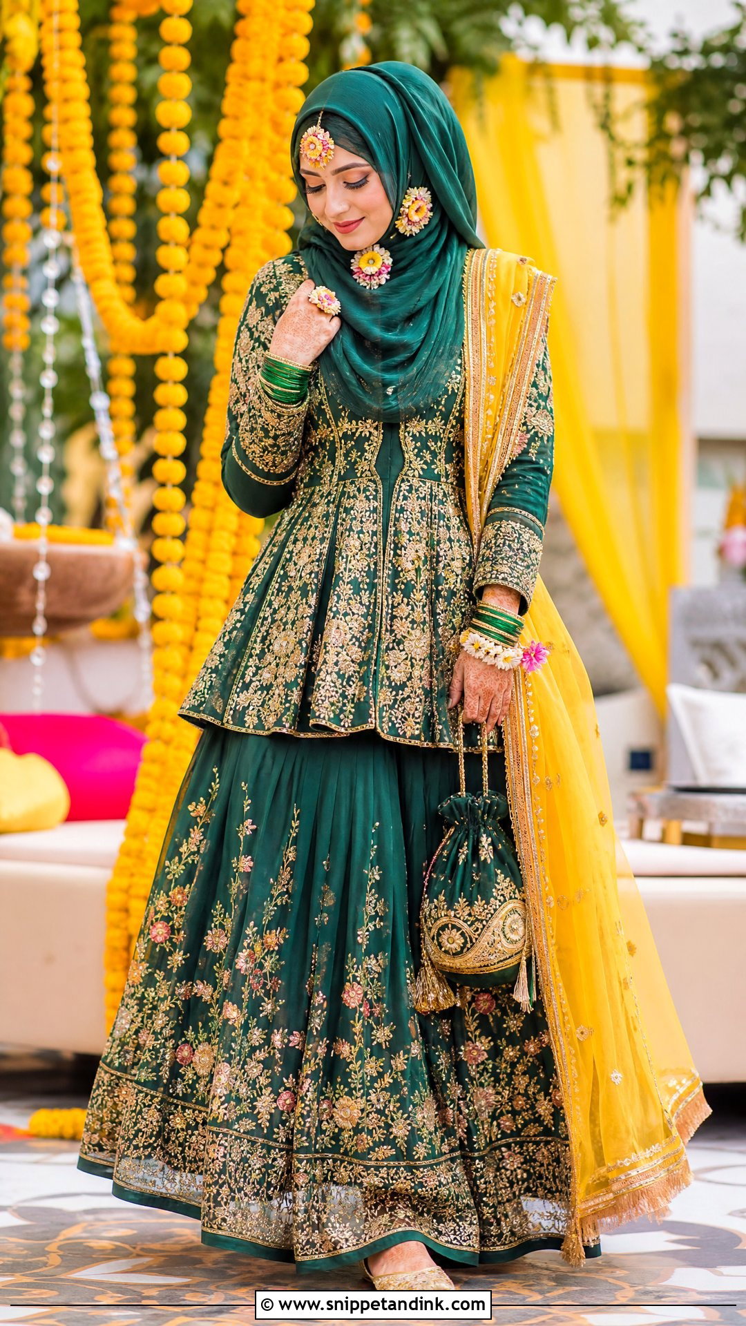 Emerald Green Mehndi Lehenga Hijabi Pakistani Bride - Snippet and Ink - 20 Hijabi Pakistani Bride Ideas