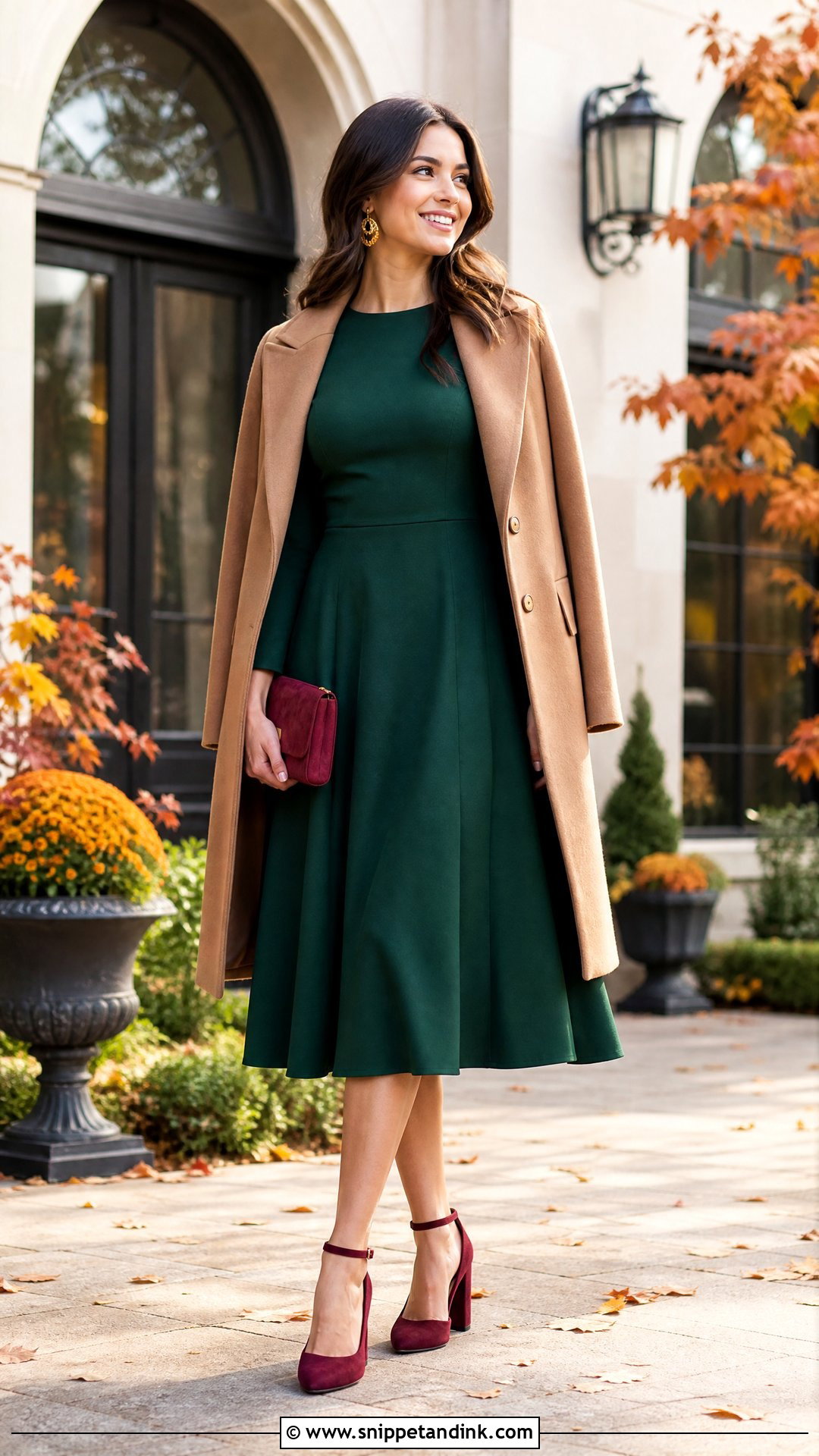 Emerald Green Midi Dress With Burgundy Accessories - Snippet and Ink - 25 Emerald Green Dress Outfit Wedding Ideas