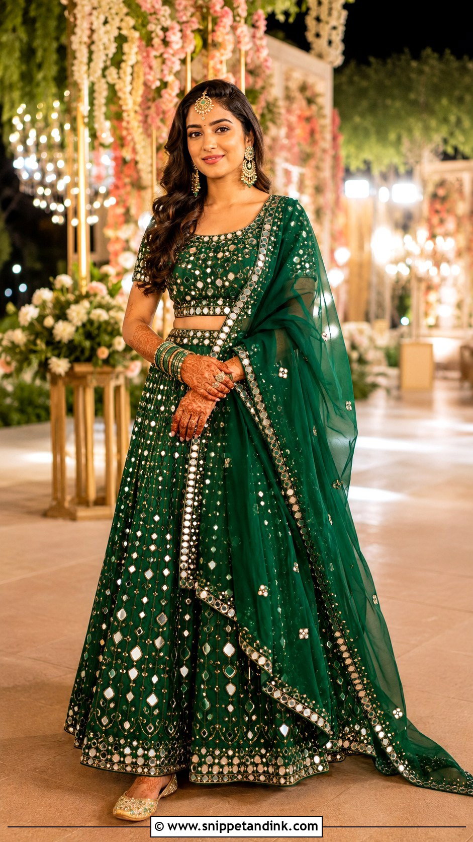 Emerald Green Mirror Work Bridal Mehndi Lehenga - Snippet and Ink - 20 Green Bridal Mehndi Outfit Ideas