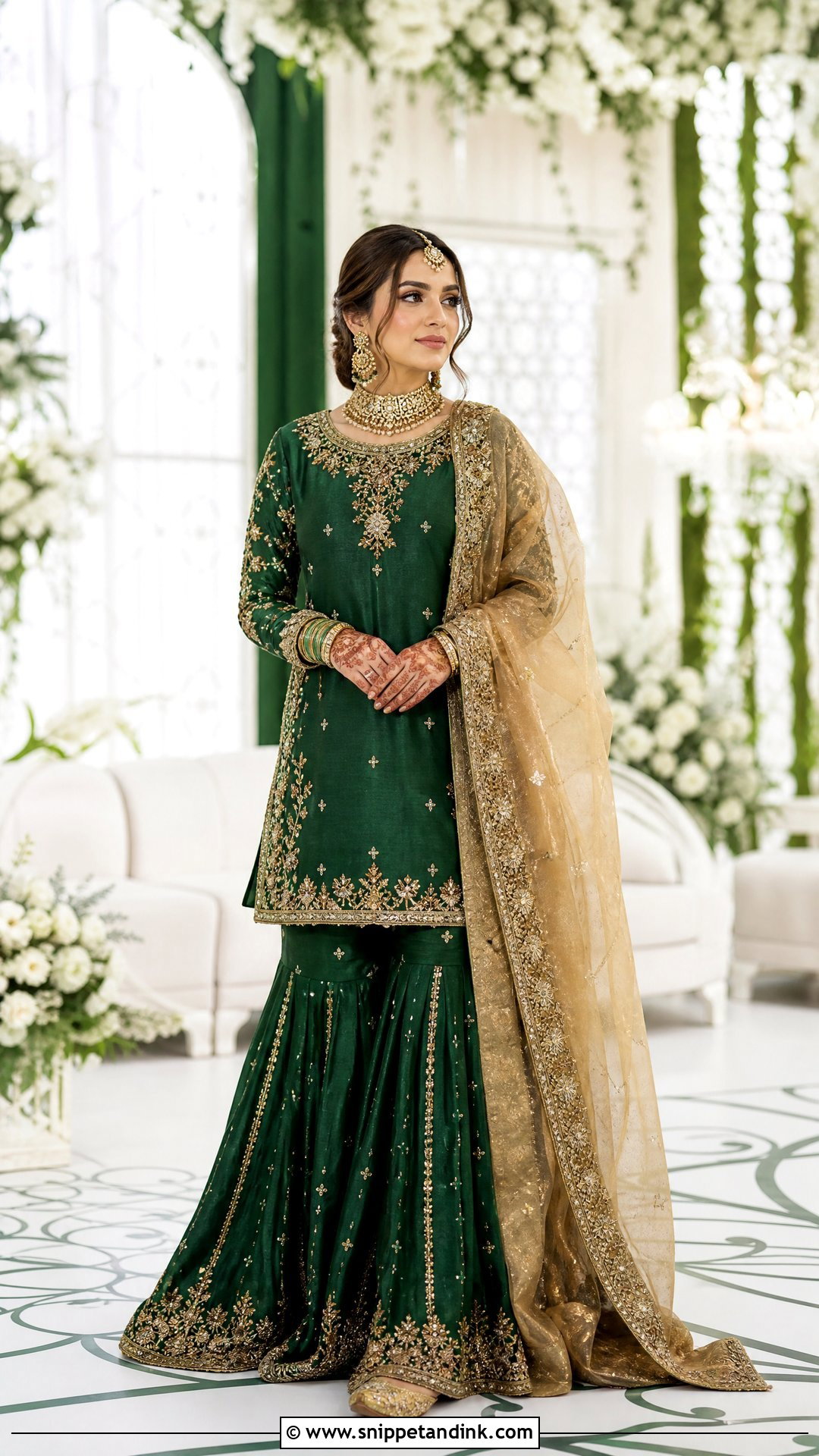 Emerald Green Nikkah Garara With Gold Dupatta - Snippet and Ink - 20 Nikkah Garara Ideas