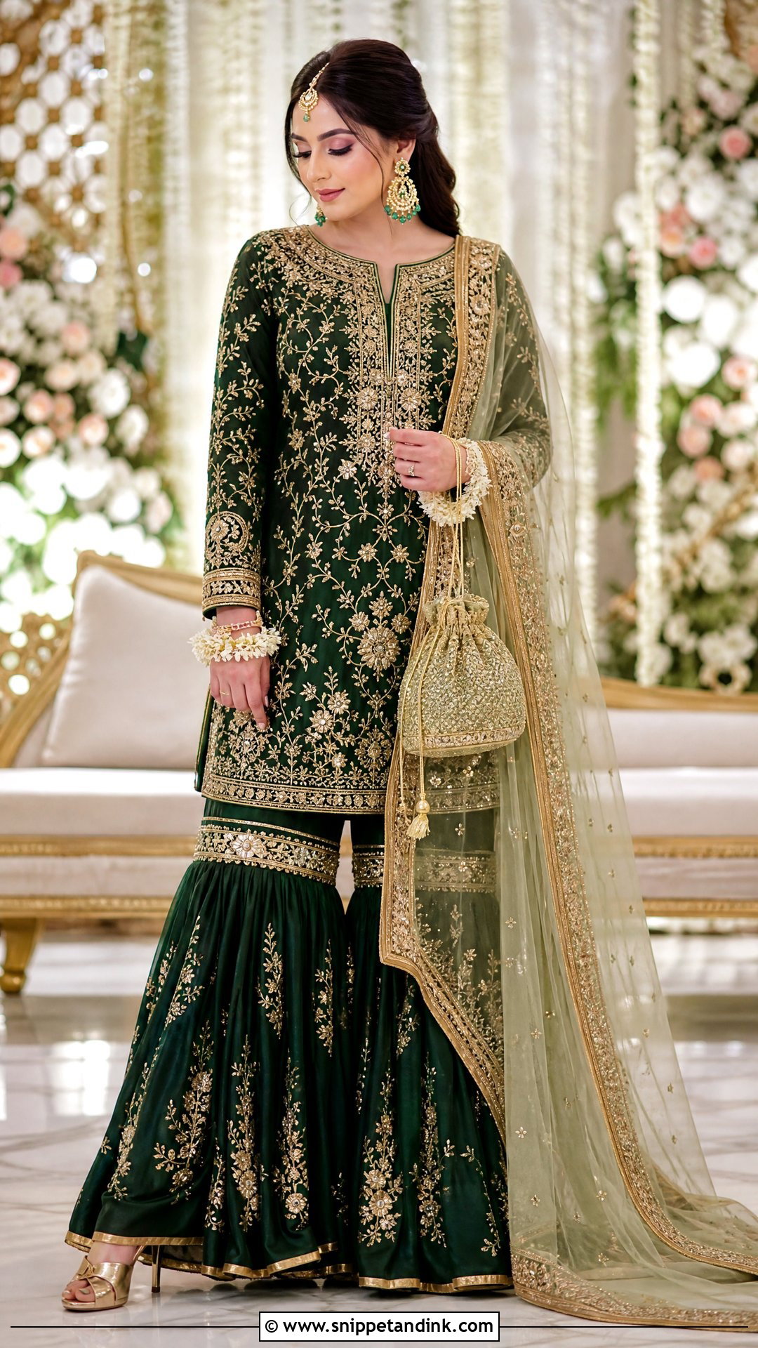 Emerald Green Nikkah Gharara With Gold Dupatta - Snippet and Ink - 20 Nikkah Gharara Outfit Ideas