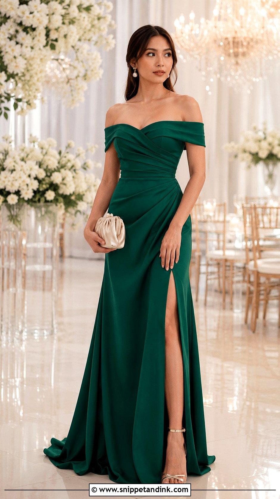 Emerald Green Off Shoulder Gown Outfit - Snippet and Ink - 30 Emerald Green Gown Ideas
