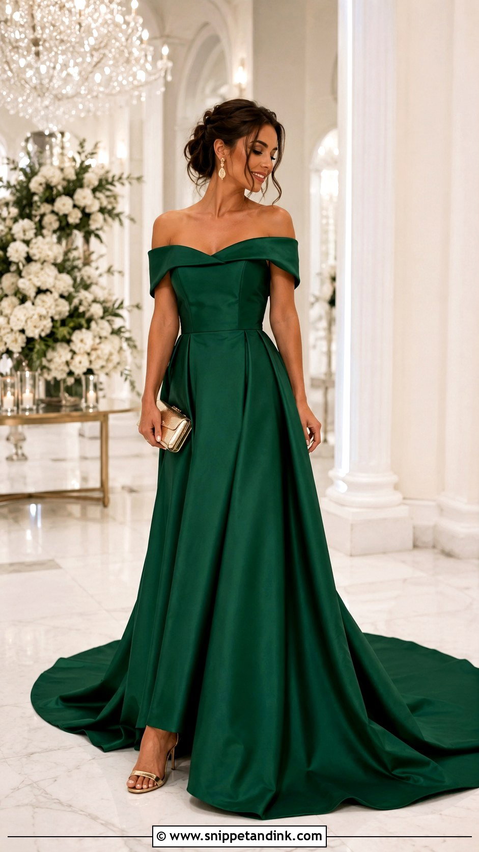 Emerald Green Off Shoulder Long Trail Gown - Snippet and Ink - 20 Long Trail Gown Ideas