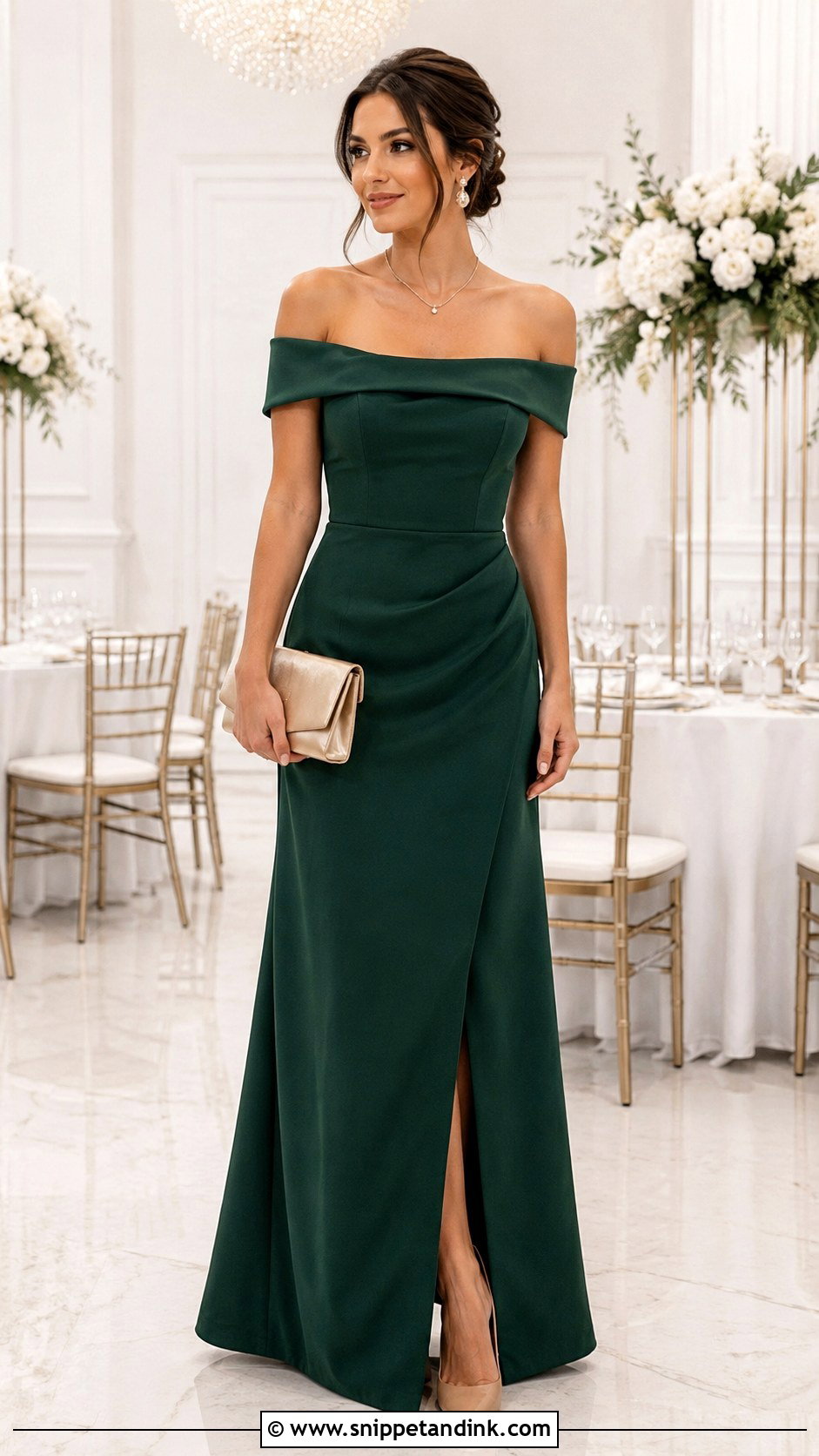 Emerald Green Off the Shoulder Maid of Honor Dress - Snippet and Ink - 20 Emerald Green Maid of Honor Dress Ideas