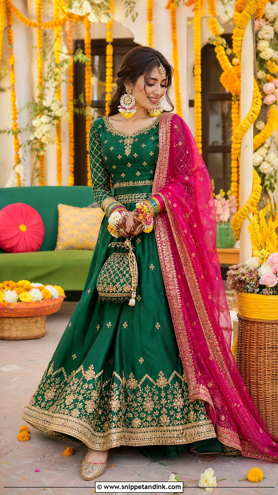 Emerald Green Pakistani Mehndi Lehenga - Snippet and Ink - 20 Wedding Dresses Pakistan