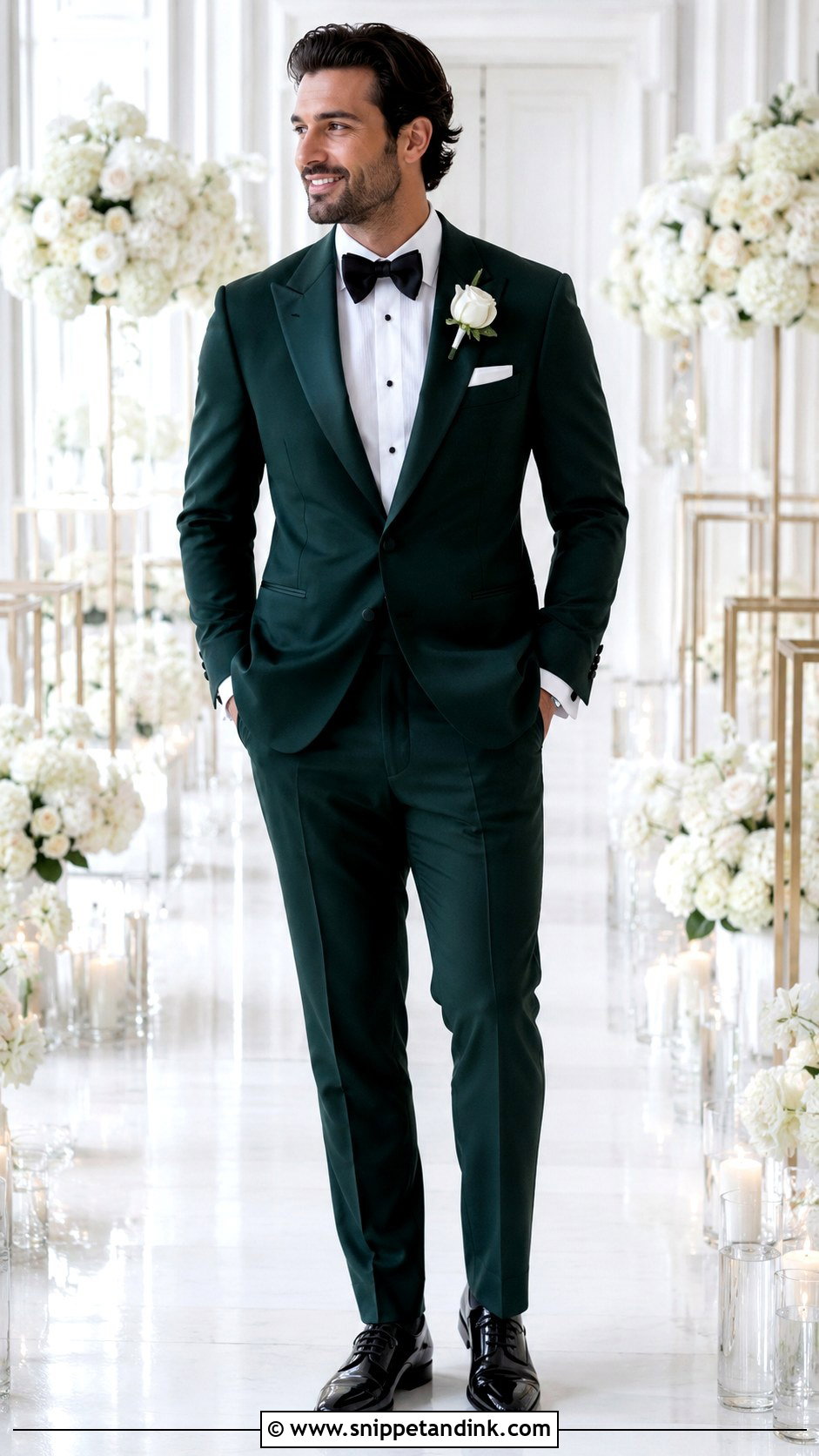Emerald Green Peak Lapel Tuxedo Outfit - Snippet and Ink - 20 Emerald Green Tuxedo Wedding Ideas