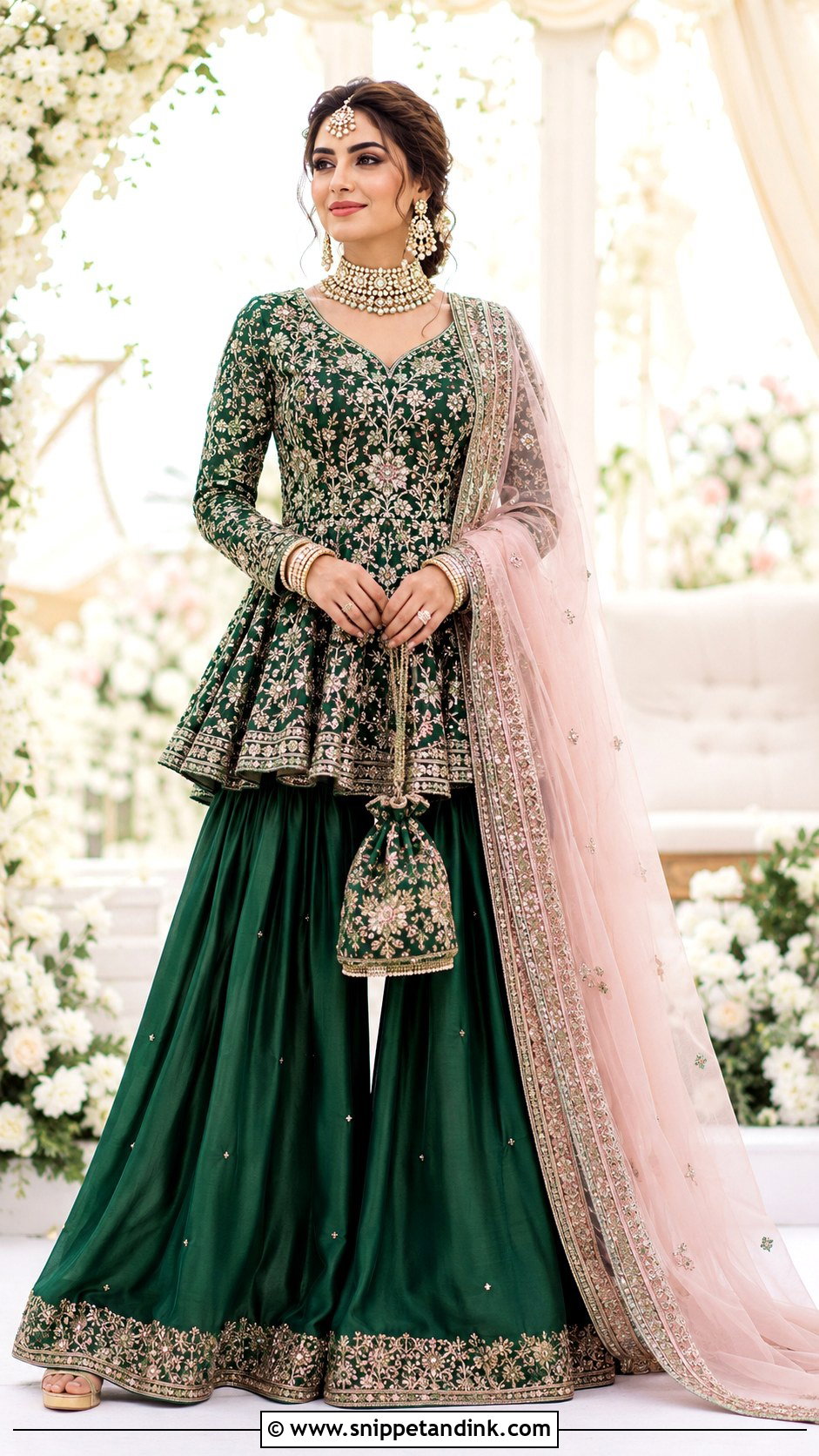 Emerald Green Peplum With Bridal Sharara - Snippet and Ink - 20 Emerald Green Pakistani Bridal Dress Ideas