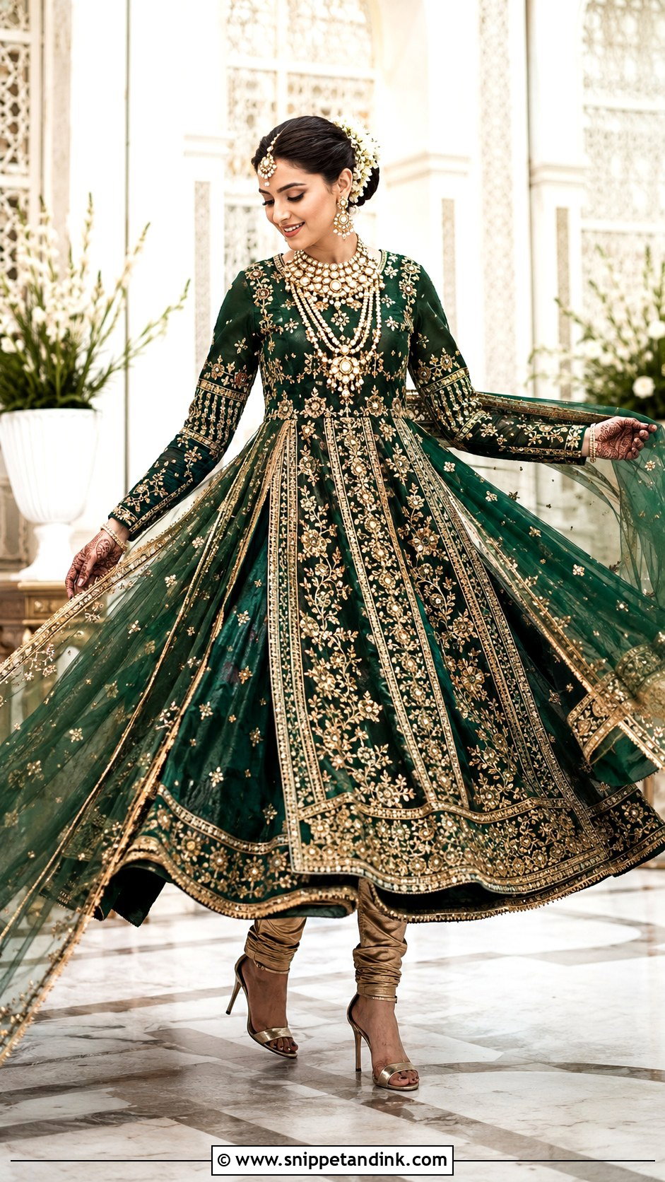 Emerald Green Pishwas With Gold Churidar - Snippet and Ink - 20 Emerald Green Pakistani Bridal Dress Ideas