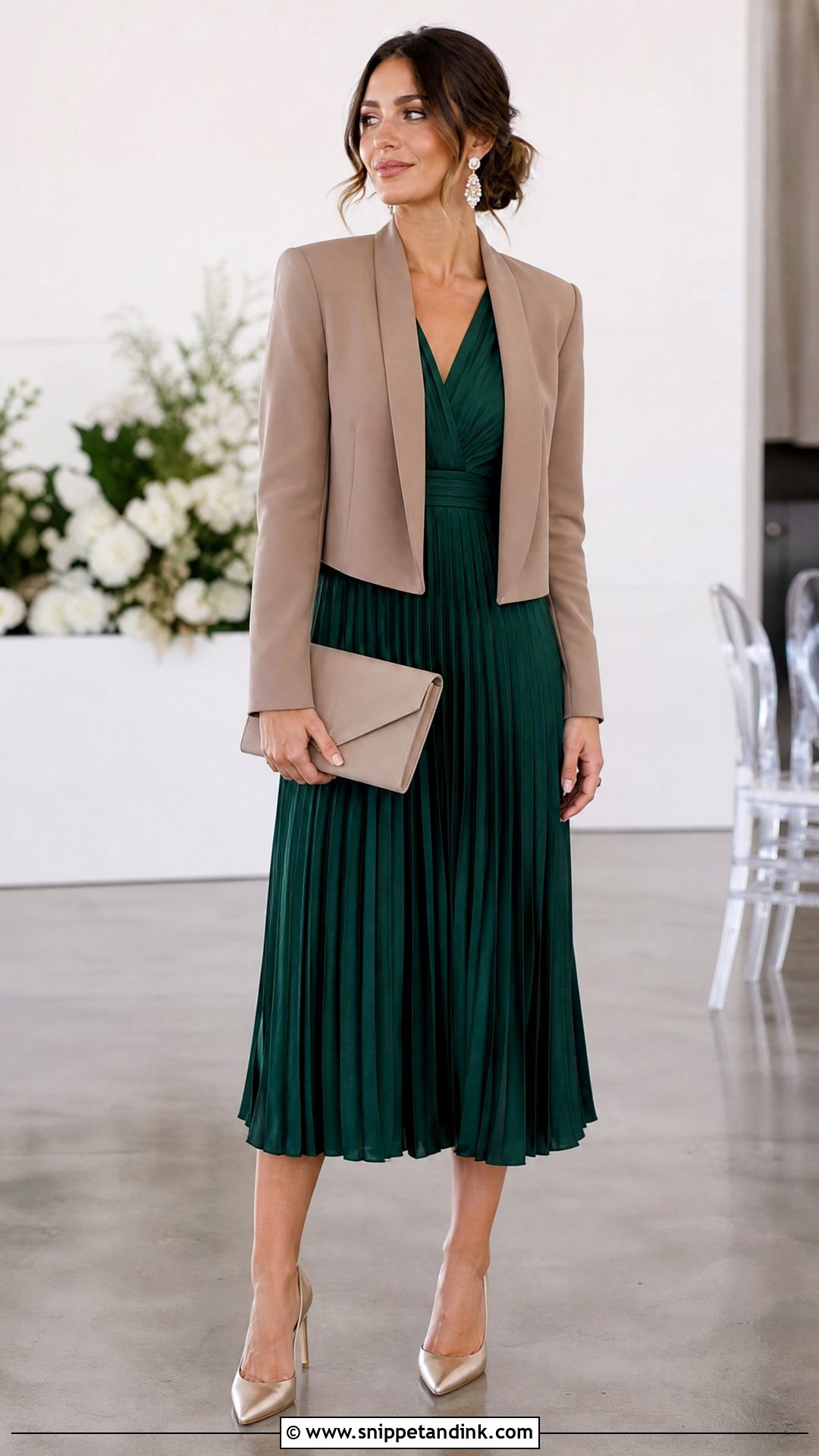 Emerald Green Pleated Midi Dress With Champagne Heels - Snippet and Ink - 25 Emerald Green Dress Outfit Wedding Ideas