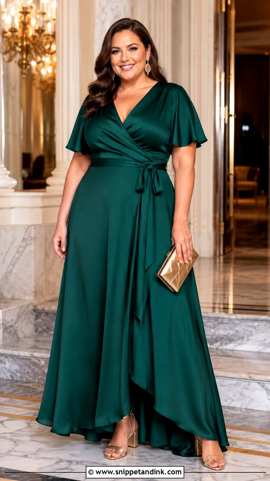 Emerald Green Plus Size Wrap Gown Wedding Guest Outfit - Snippet and Ink - 20 Green Wedding Outfit Ideas
