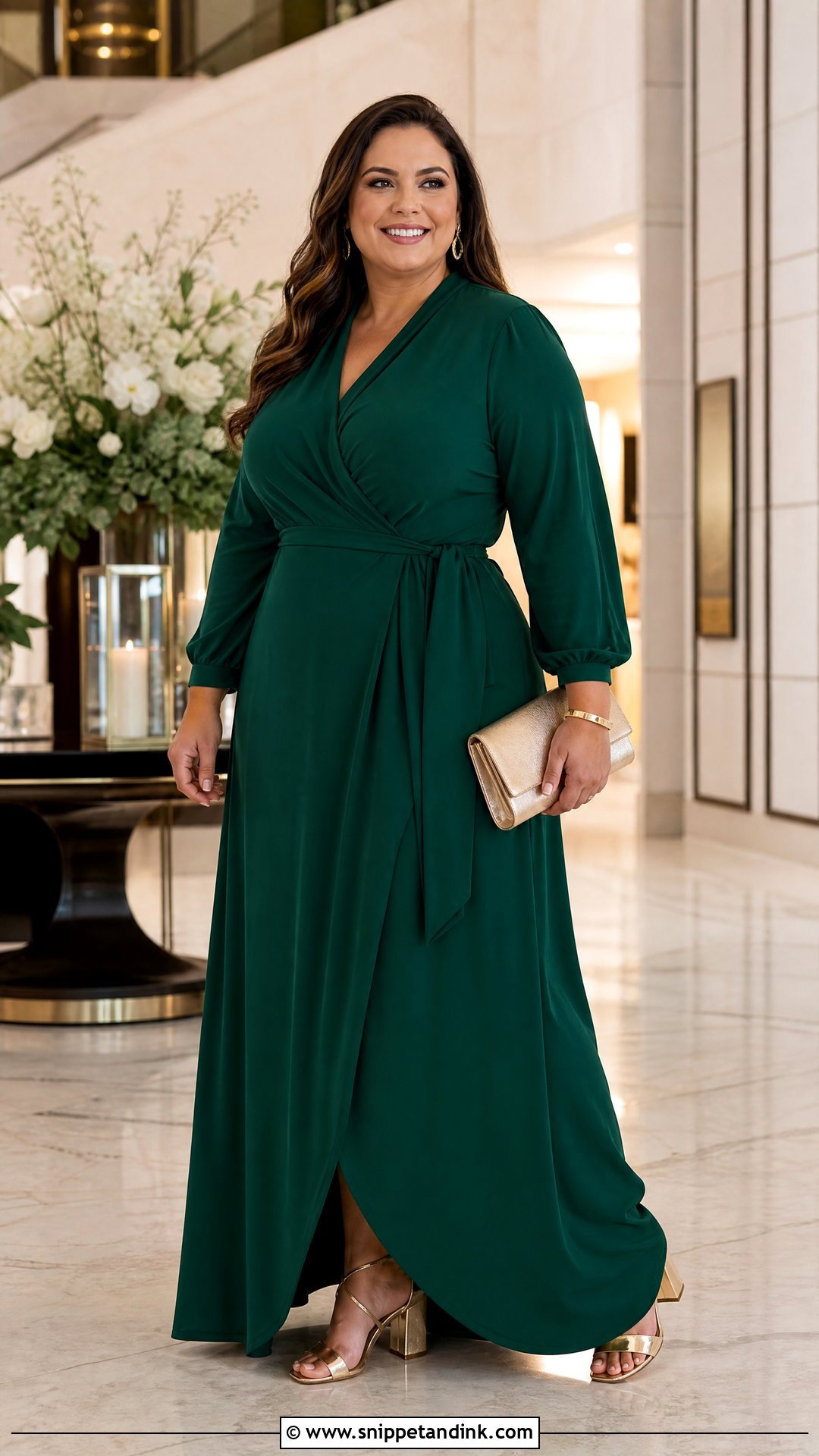 Emerald Green Plus Size Wrap Maxi Dress With Gold Accessories - Snippet and Ink - 25 Emerald Green Dress Outfit Wedding Ideas