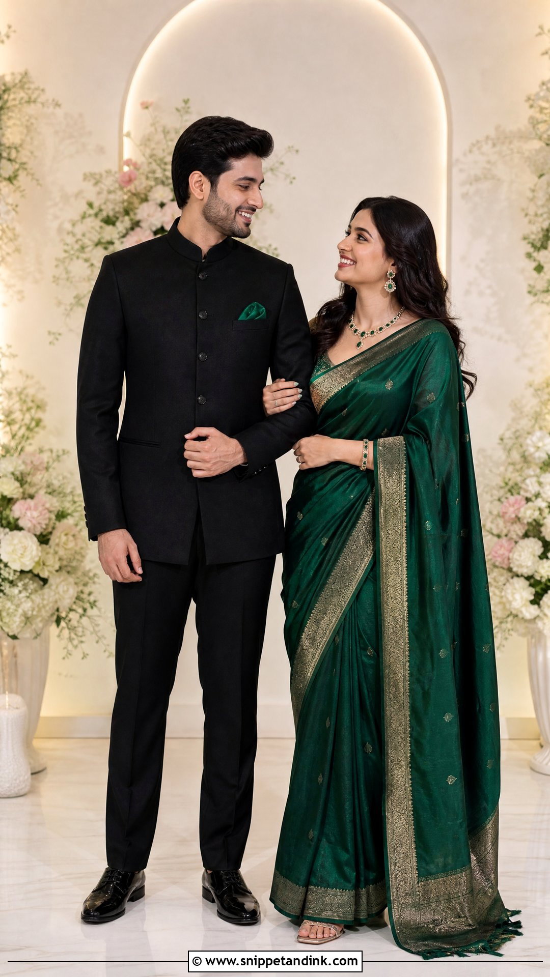 Emerald Green Saree And Black Bandhgala - Snippet and Ink - 20 Ring Ceremony Couple Dress Ideas