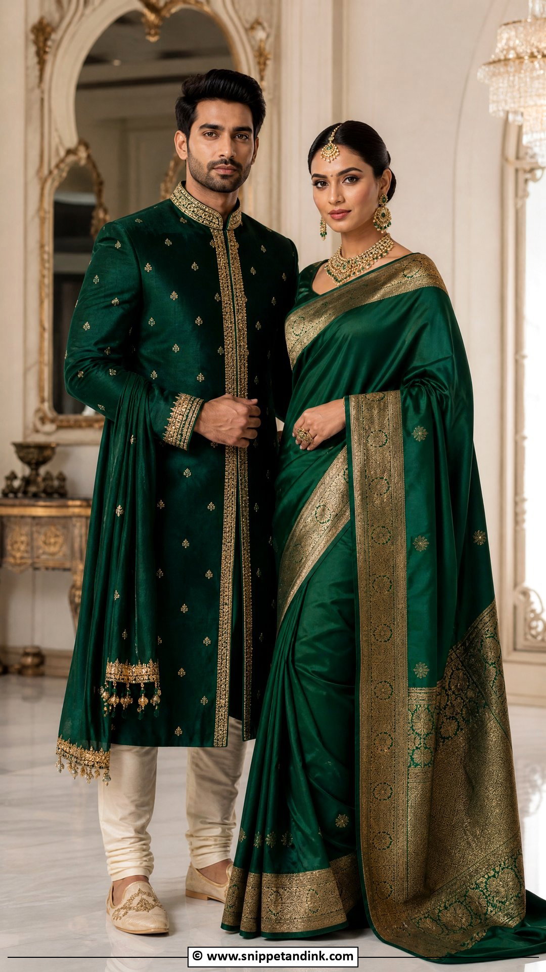 Emerald Green Saree And Green Sherwani - Snippet and Ink - 35 Indian Couple Matching Dress Ideas