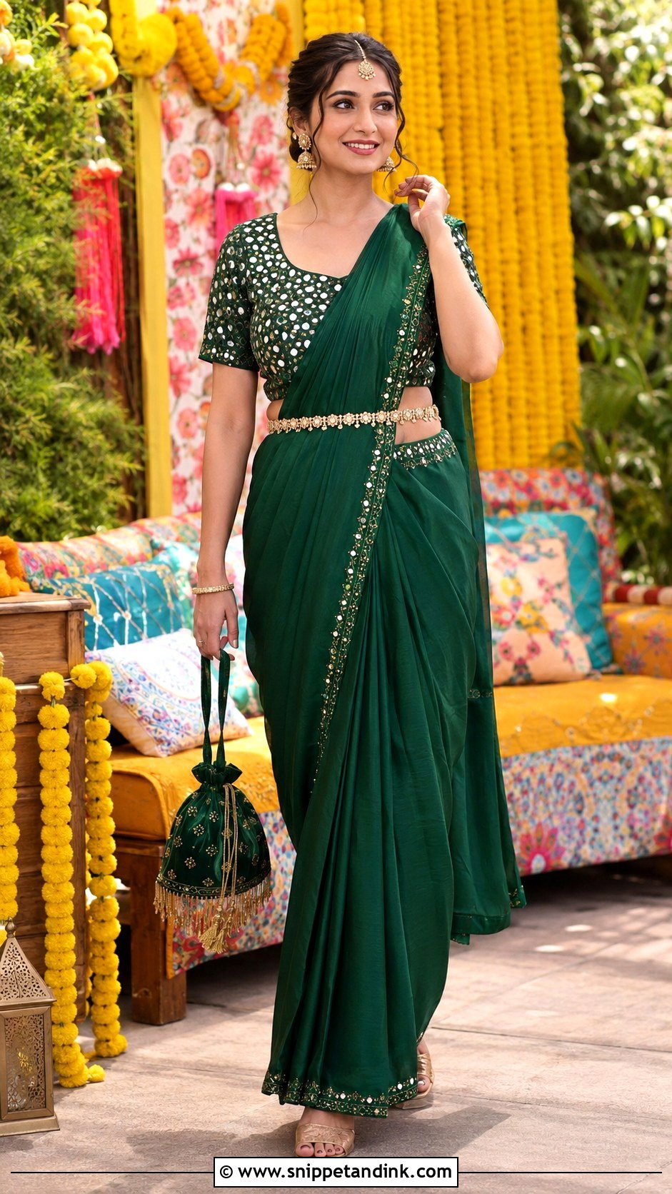 Emerald Green Sari Mehndi Dress - Snippet and Ink - 20 Mehndi Dress for Bridal Ideas