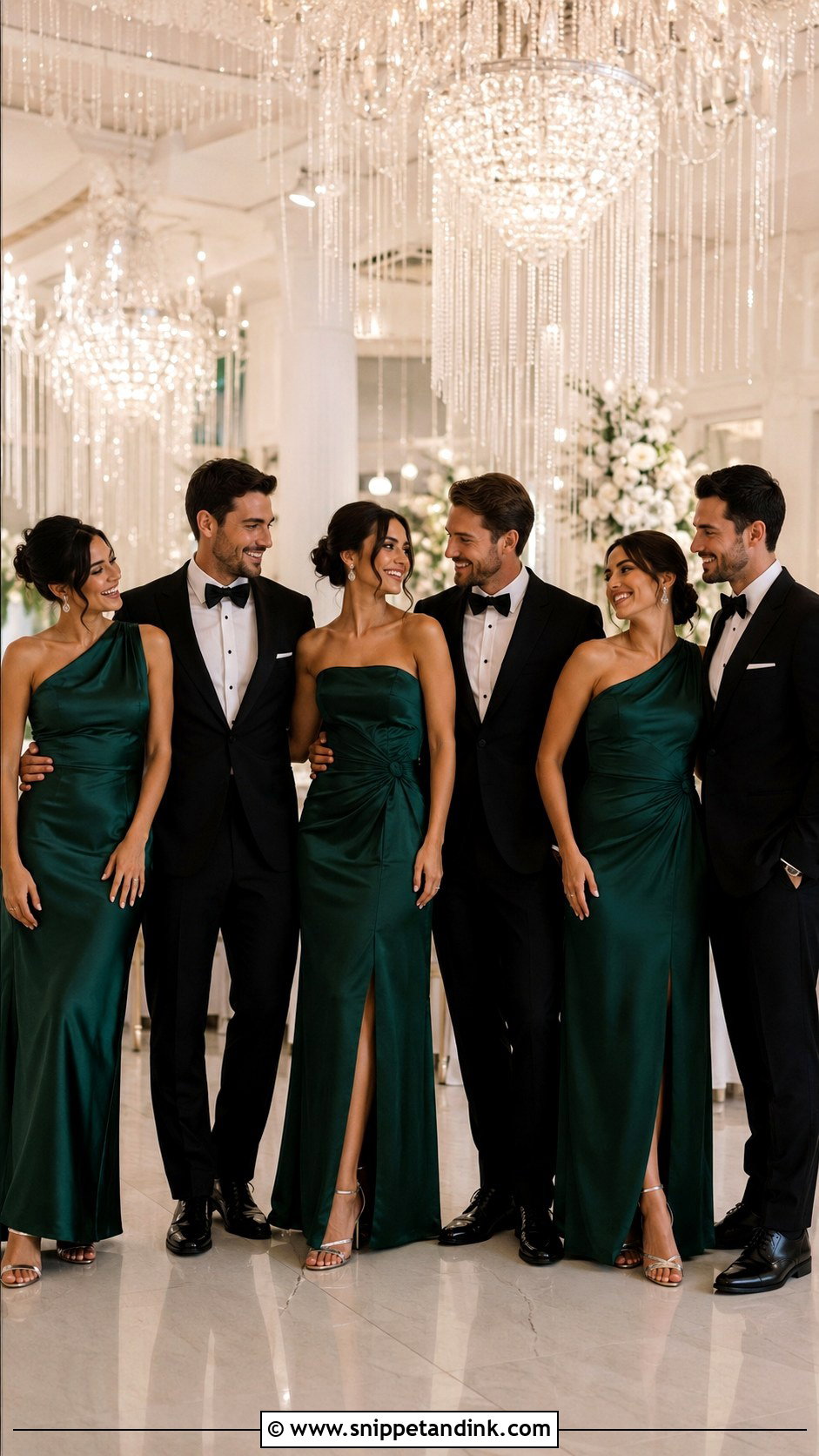 Emerald Green Satin Dresses With Black Tuxedos - Snippet and Ink - 20 Green Wedding Party Attire Ideas
