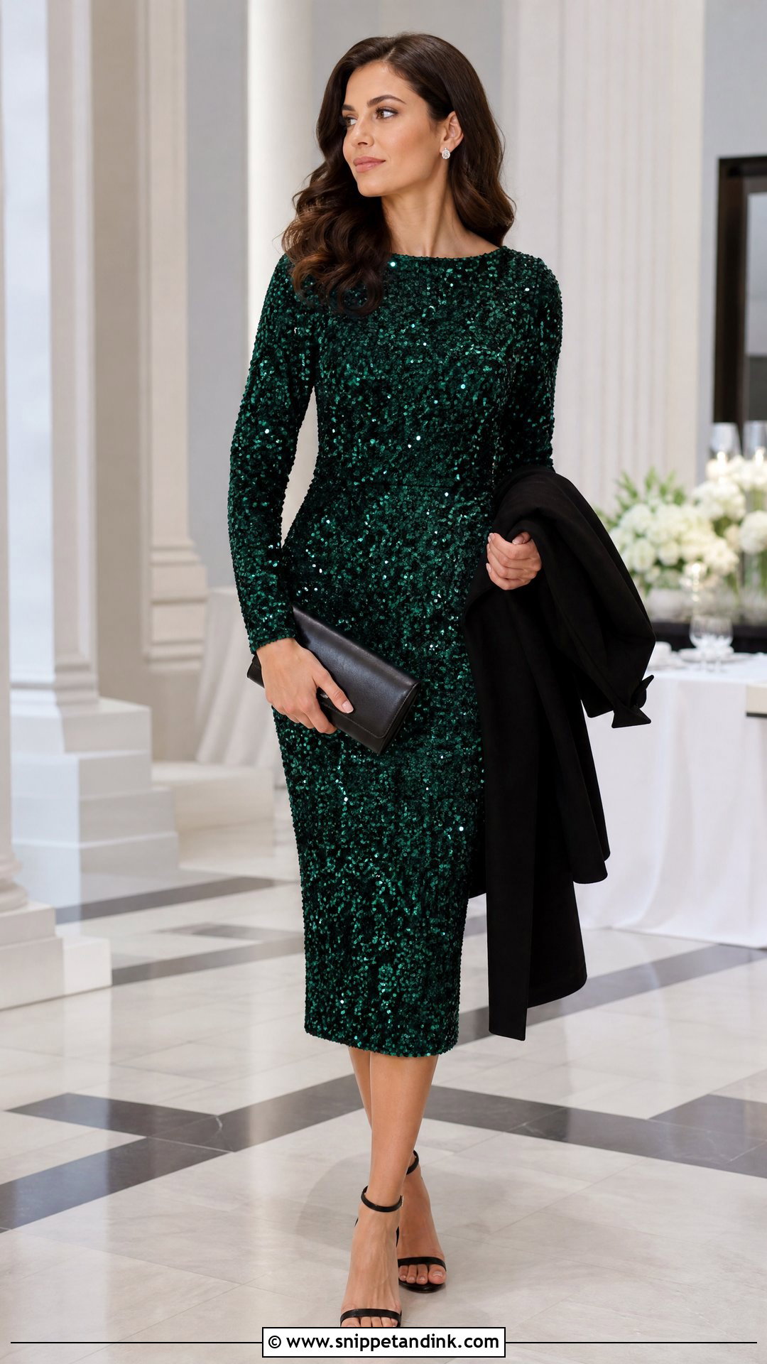 Emerald Green Sequin Dress With Minimal Black Heels - Snippet and Ink - 25 Emerald Green Dress Outfit Wedding Ideas