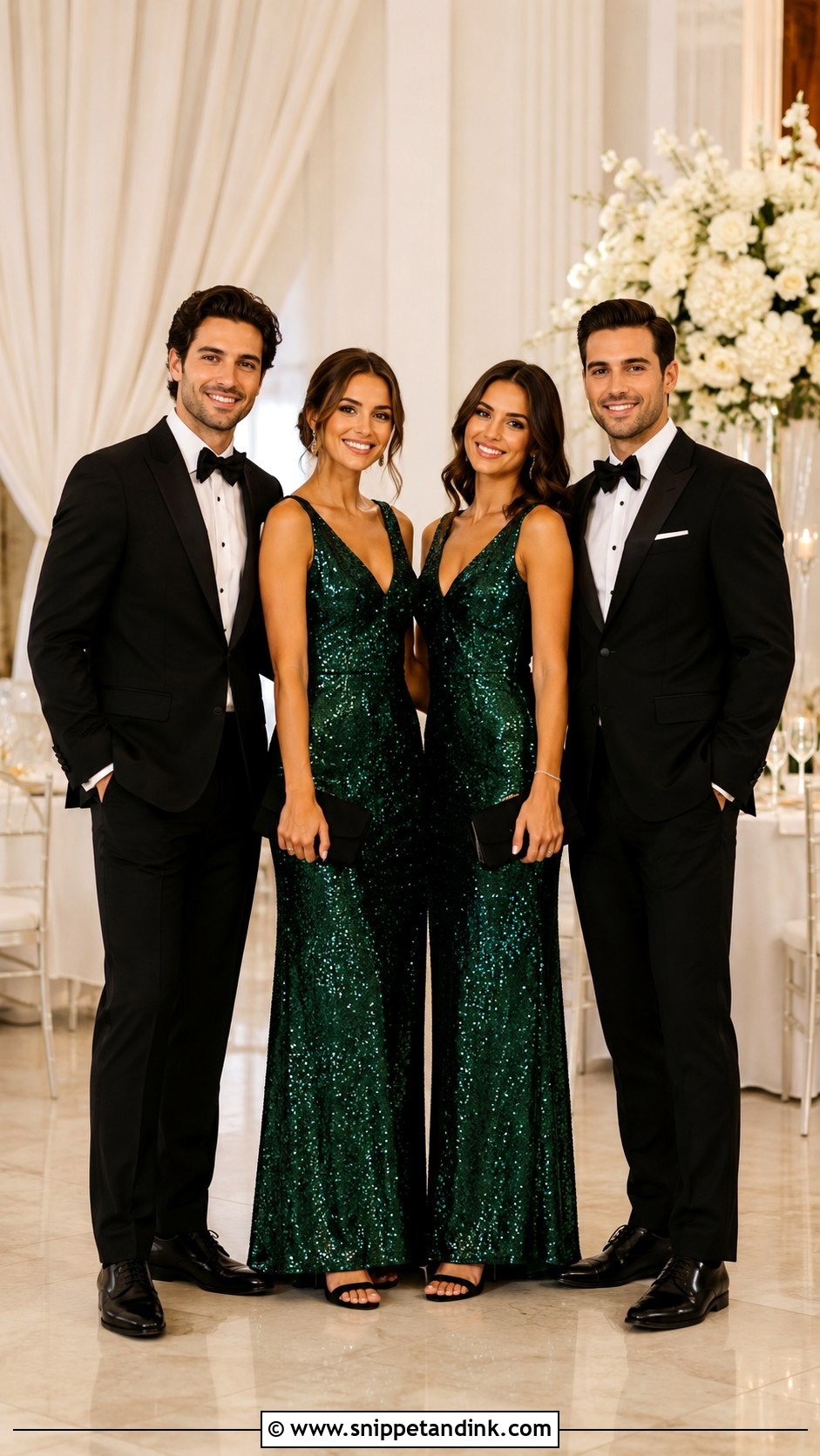 Emerald Green Sequin Dresses With Black Tuxedos - Snippet and Ink - 20 Green Wedding Party Attire Ideas