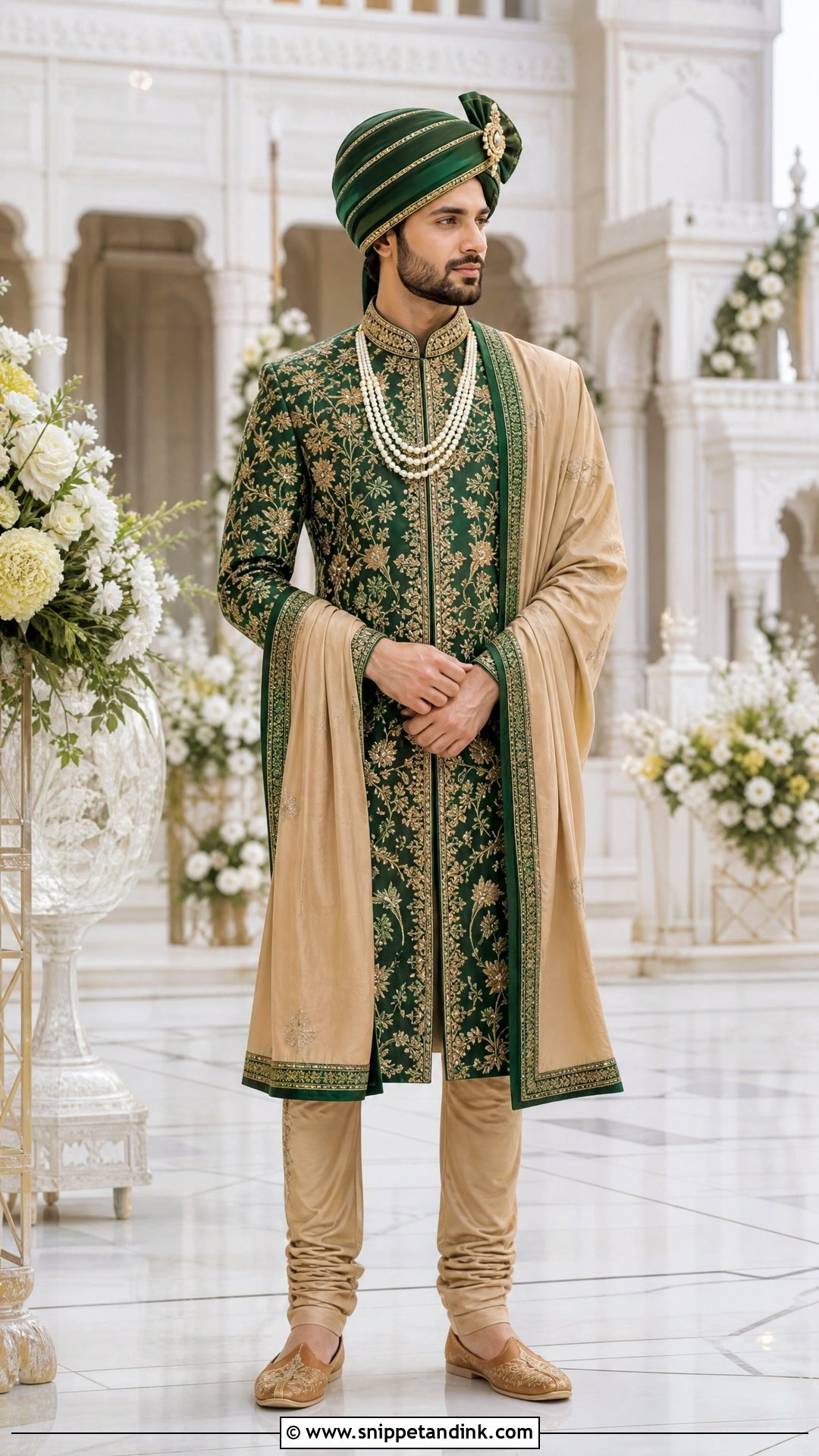 Emerald Green Sherwani With Beige Churidar - Snippet and Ink - 20 Sherwani Wedding Ideas