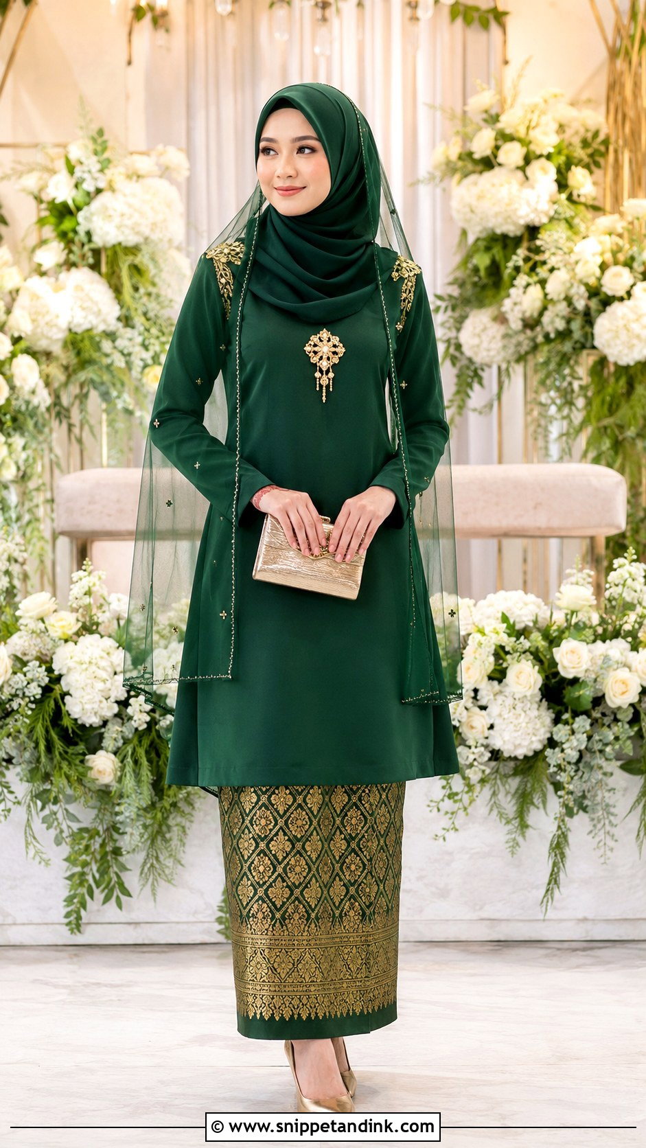 Emerald Green Songket Wedding Dress - Snippet and Ink - 20 Malaysian Muslim Wedding Dress Ideas