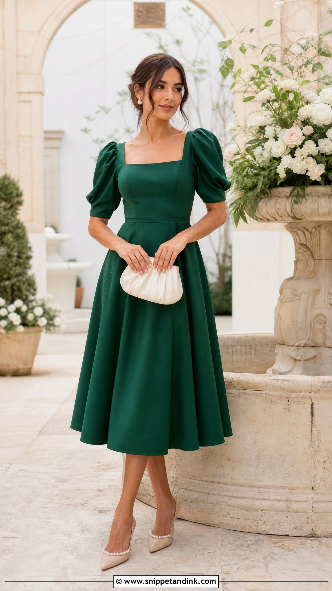 Emerald Green Square Neck Dress With Pearl Heels - Snippet and Ink - 25 Emerald Green Dress Outfit Wedding Ideas