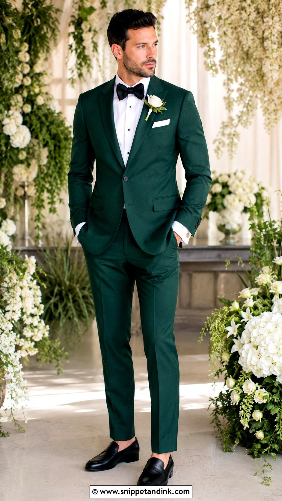 Emerald Green Suit With Black Bow Tie - Snippet and Ink - 20 Bow Tie Wedding Ideas