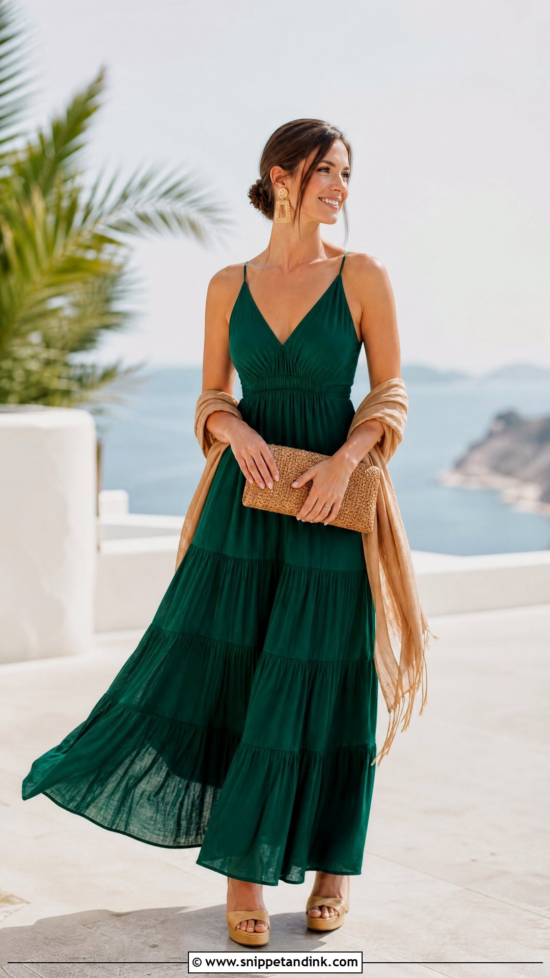 Emerald Green Tiered Maxi Dress With Woven Accessories - Snippet and Ink - 25 Emerald Green Dress Outfit Wedding Ideas