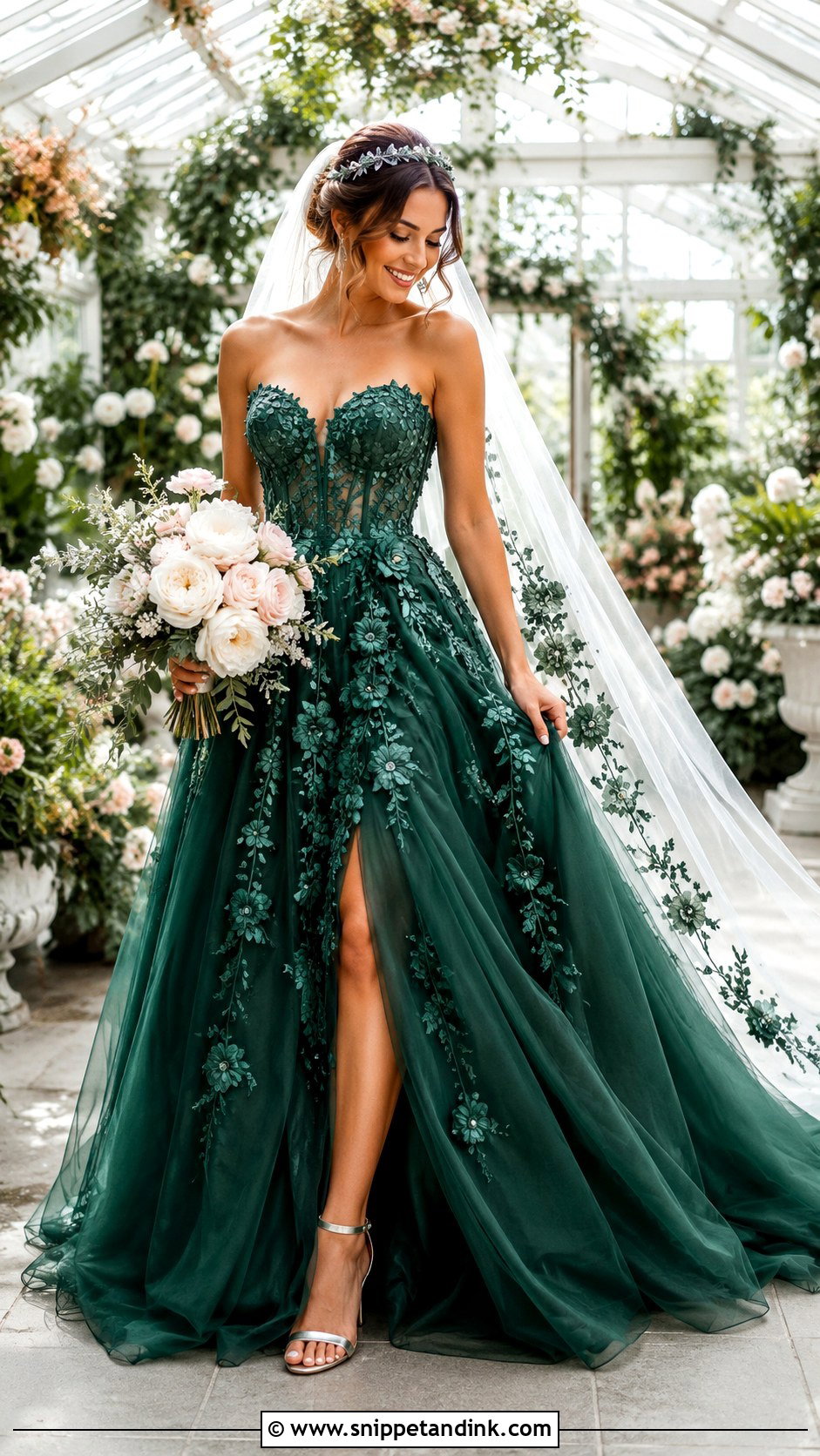 Emerald Green Tulle Floral Applique Bridal Dress - Snippet and Ink - 20 Emerald Green Bridal Dress Ideas
