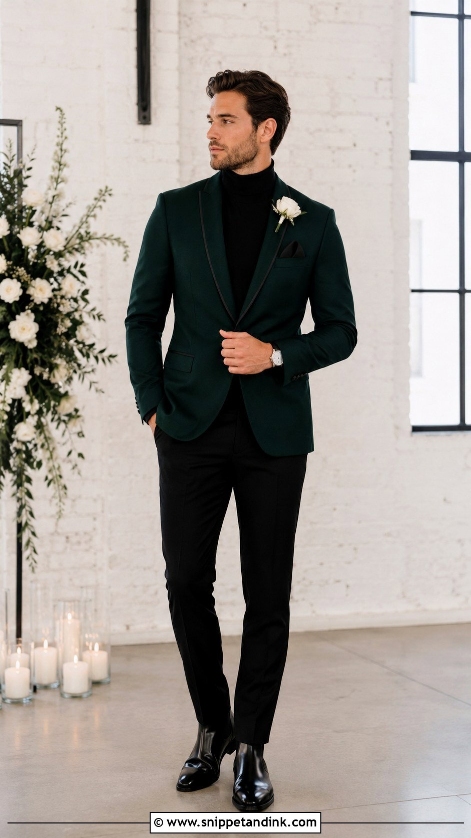 Emerald Green Tuxedo With Black Turtleneck - Snippet and Ink - 20 Emerald Green Tuxedo Wedding Ideas
