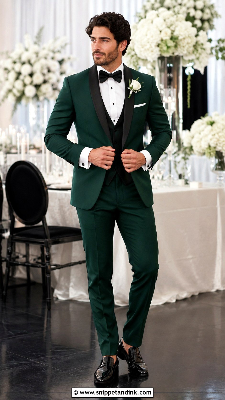 Emerald Green Tuxedo With Black Waistcoat - Snippet and Ink - 20 Emerald Green Tuxedo Wedding Ideas