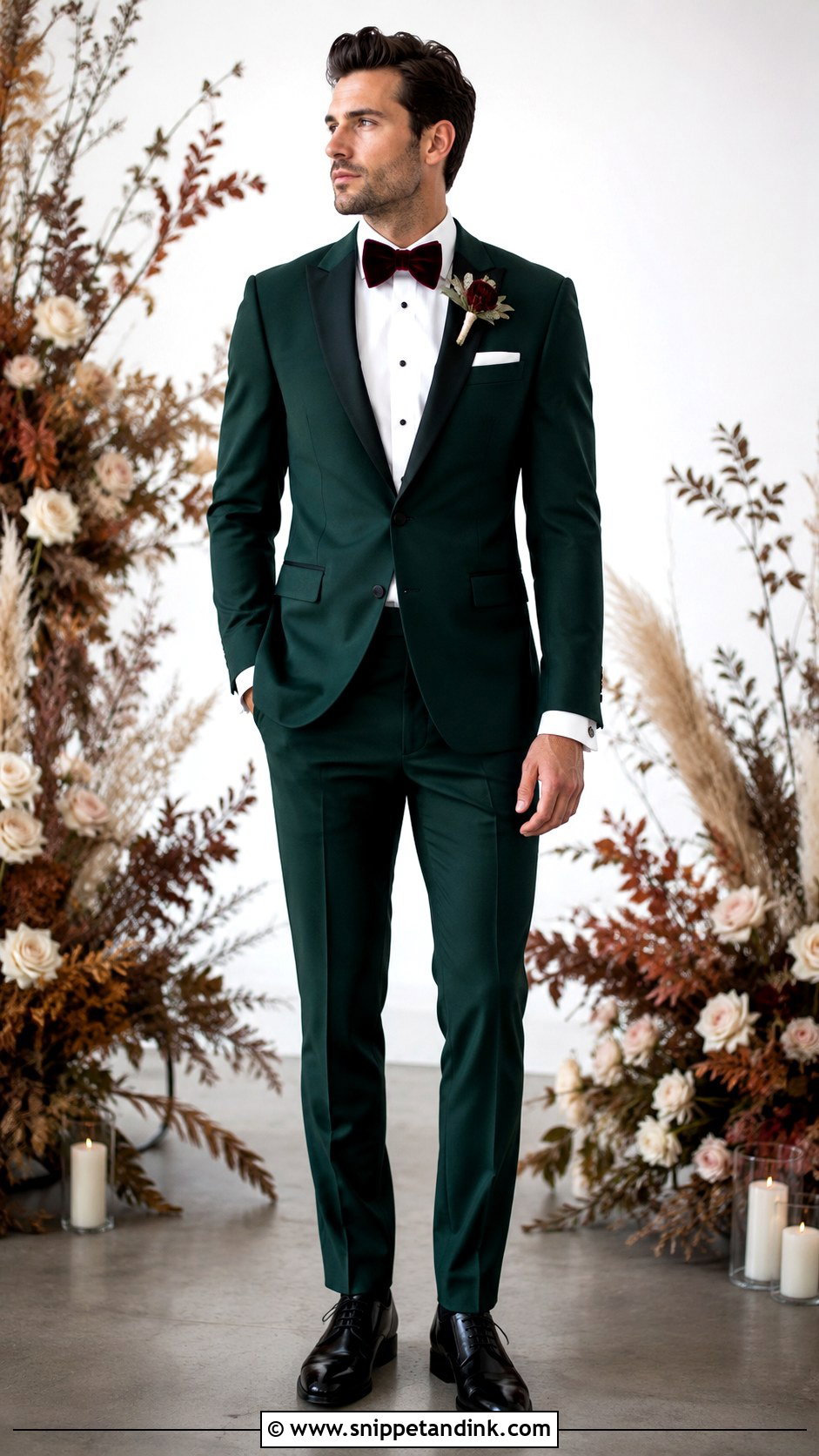Emerald Green Tuxedo With Burgundy Bow Tie - Snippet and Ink - 20 Emerald Green Tuxedo Wedding Ideas