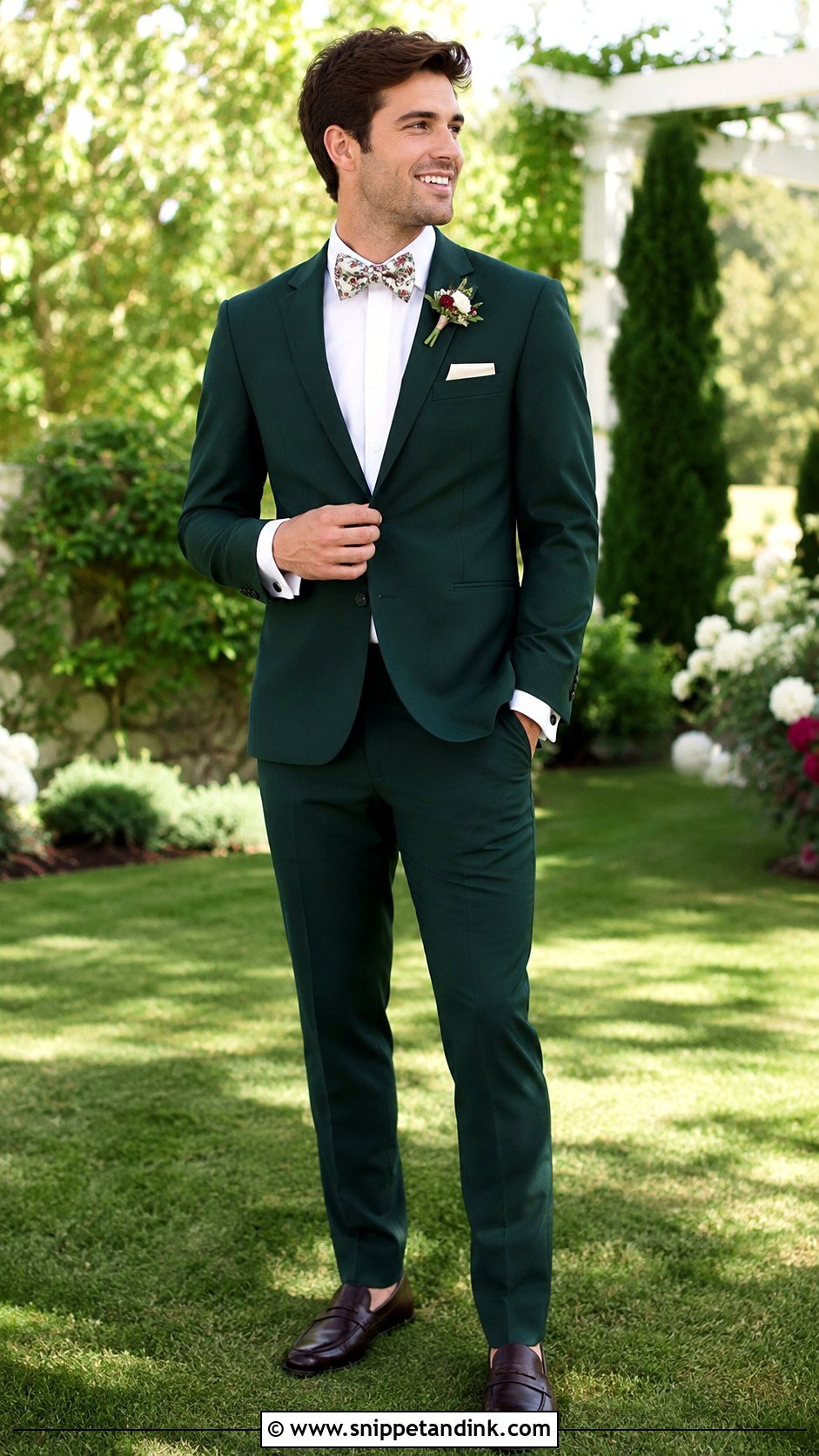Emerald Green Tuxedo With Floral Bow Tie - Snippet and Ink - 20 Emerald Green Tuxedo Wedding Ideas