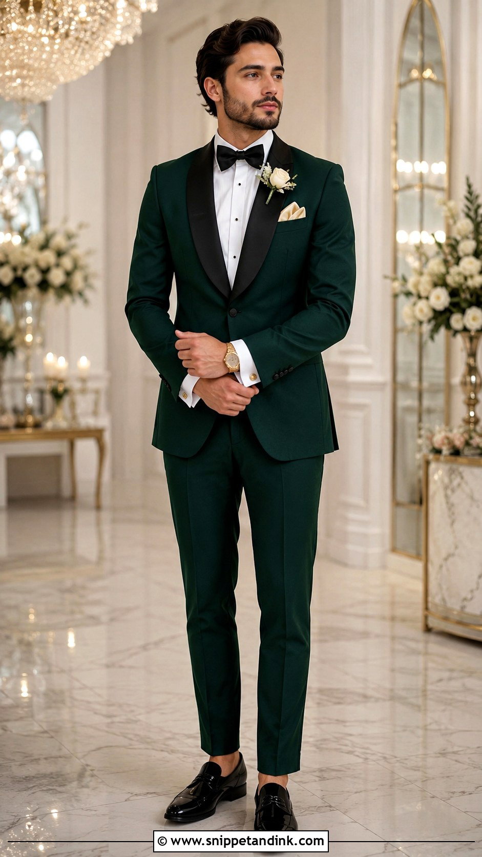 Emerald Green Tuxedo With Gold Accessories - Snippet and Ink - 20 Emerald Green Tuxedo Wedding Ideas