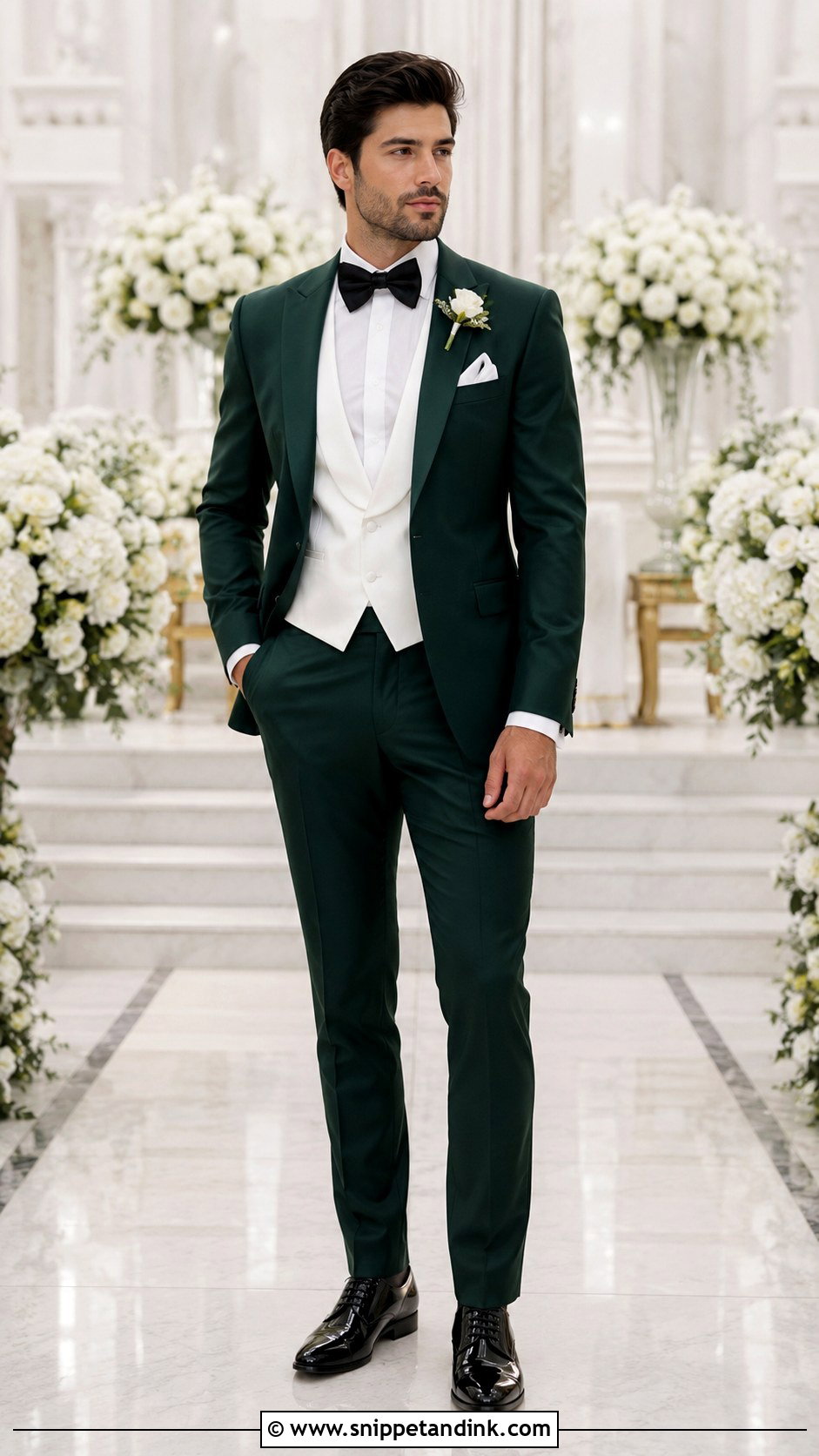 Emerald Green Tuxedo With White Waistcoat - Snippet and Ink - 20 Emerald Green Tuxedo Wedding Ideas