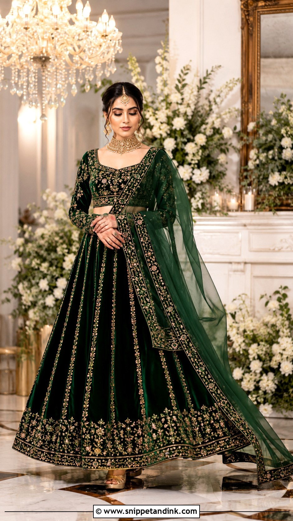 Emerald Green Velvet Bride Sangeet Lehenga - Snippet and Ink - 20 Bride Sangeet Look Ideas