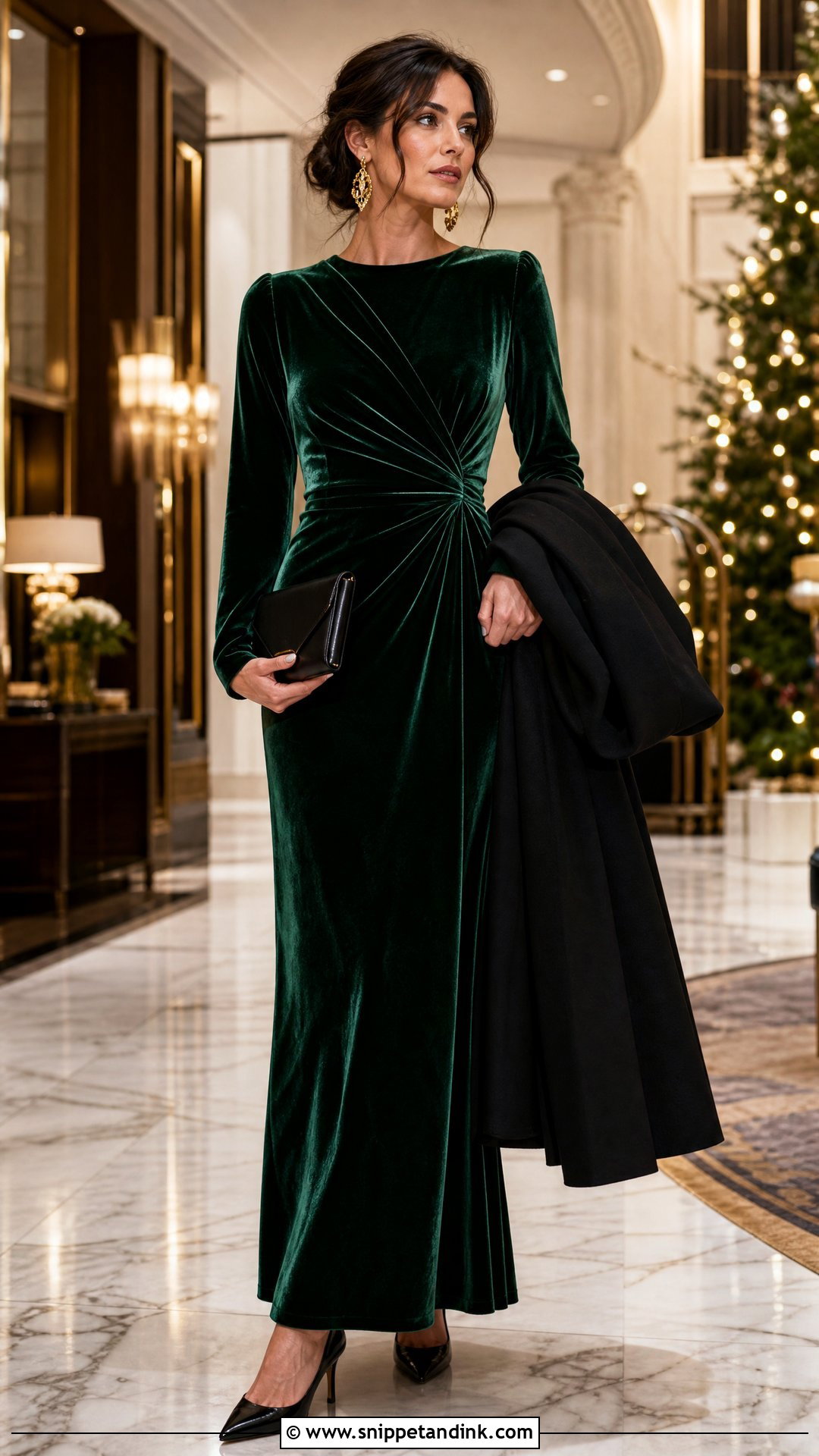 Emerald Green Velvet Gown With Black Accessories - Snippet and Ink - 25 Emerald Green Dress Outfit Wedding Ideas