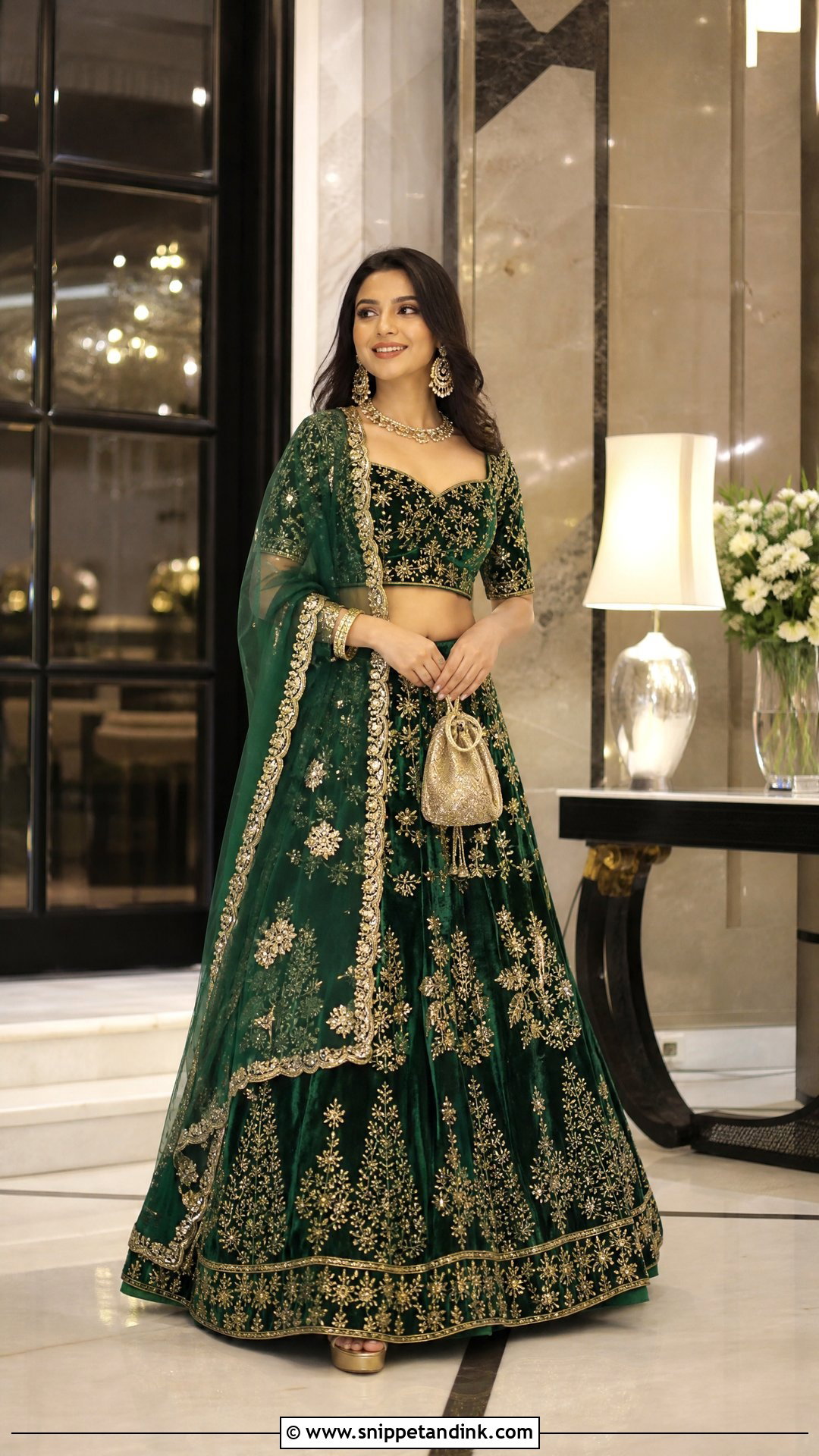 Emerald Green Velvet Lehenga Ring Ceremony Dress - Snippet and Ink - 25 Ring Ceremony Dress Ideas
