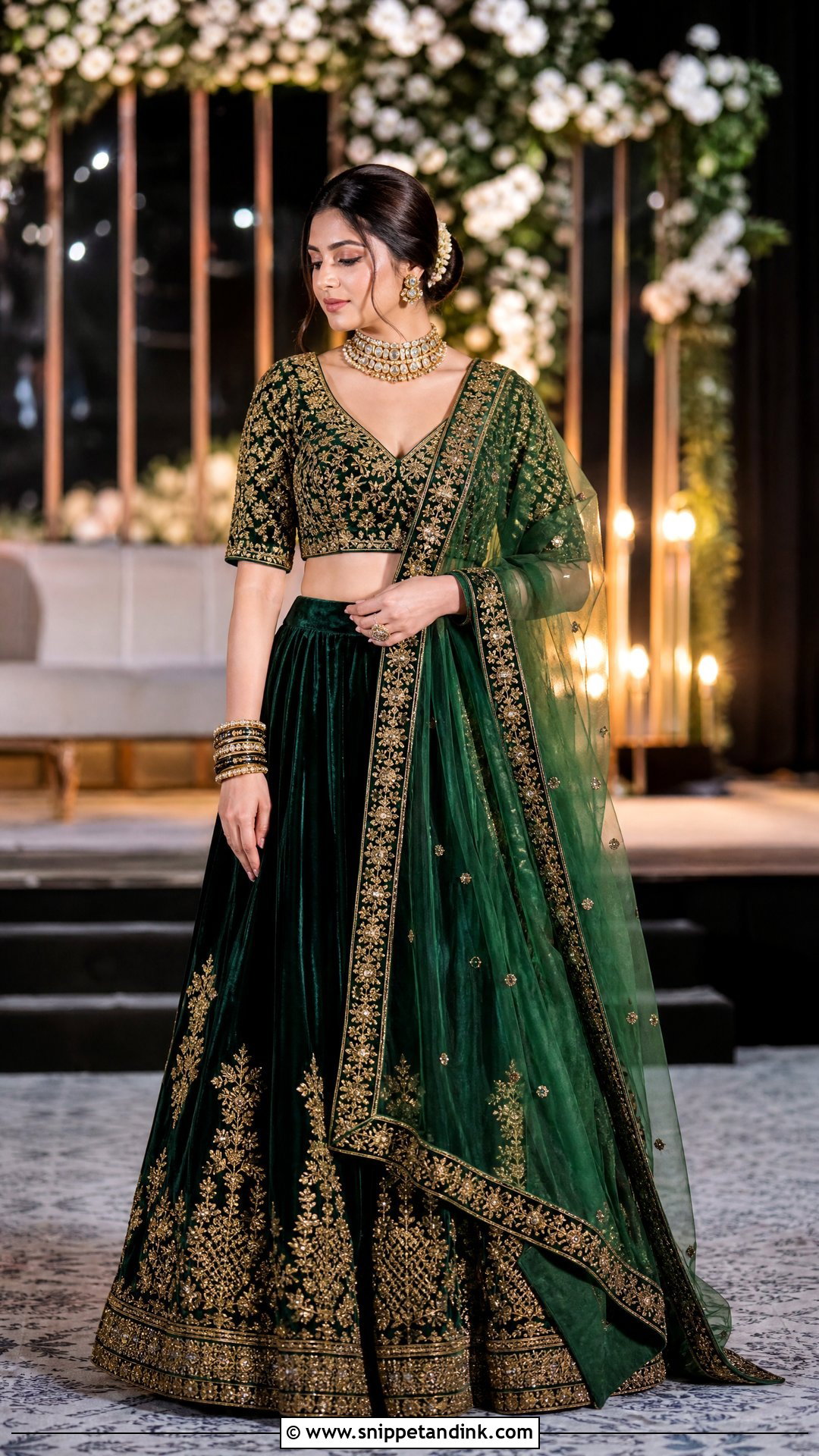 Emerald Green Velvet Lehenga for Sangeet Bride - Snippet and Ink - 20 Outfit for Sangeet Function for Bride Ideas