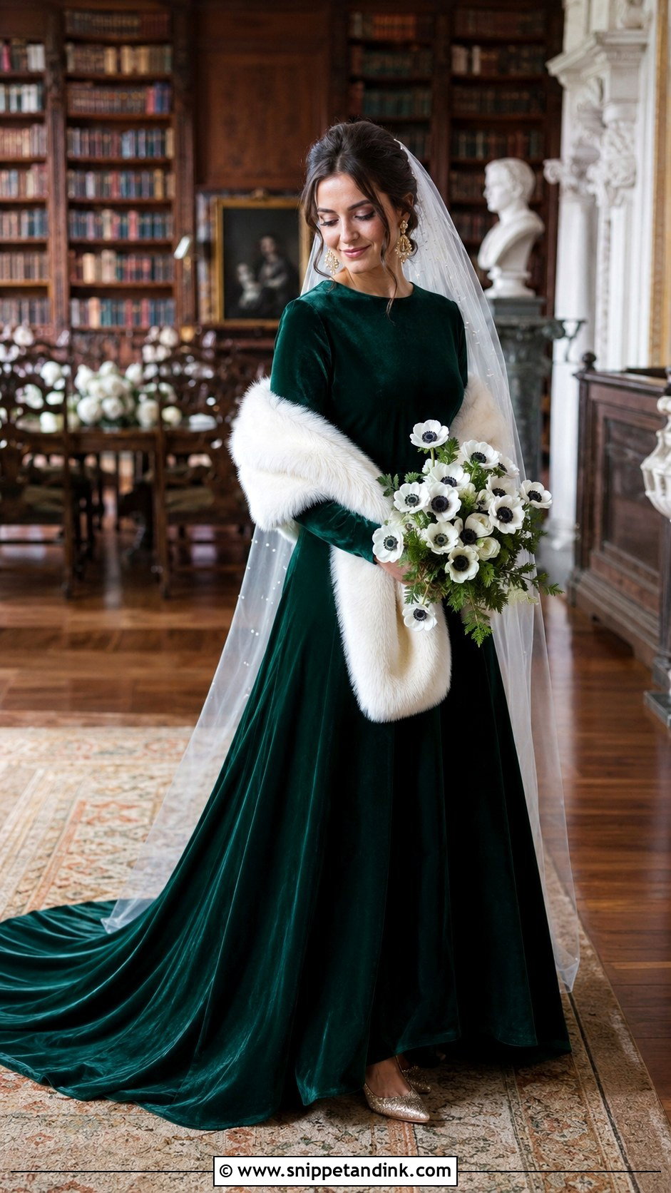 Emerald Green Velvet Long Sleeve Bridal Dress - Snippet and Ink - 20 Emerald Green Bridal Dress Ideas