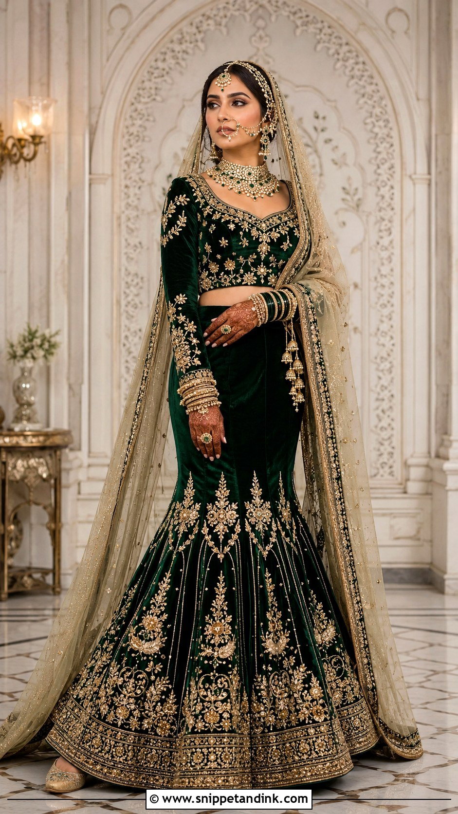 Emerald Green Velvet Mermaid Bridal Lehenga - Snippet and Ink - 20 Indian Mermaid Wedding Dress Ideas