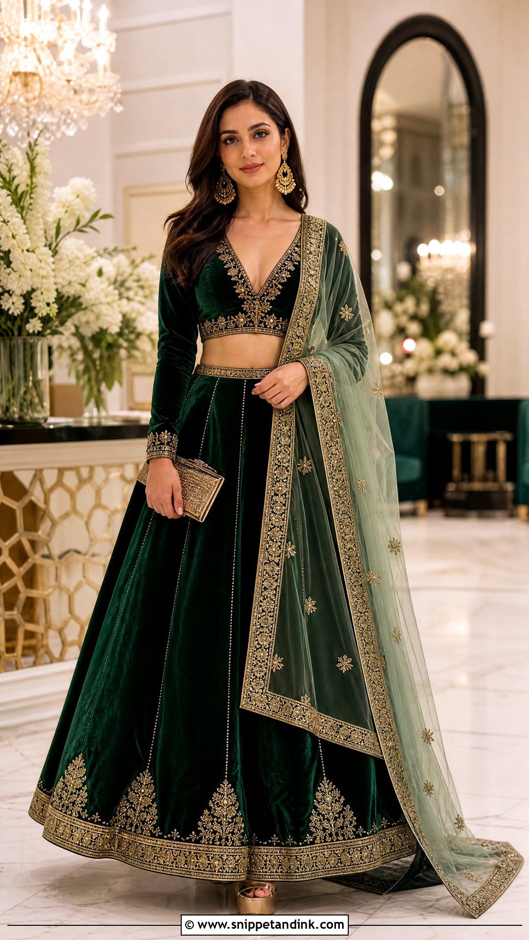 Emerald Green Velvet Party Lehenga - Snippet and Ink - 20 Party Lengha Ideas