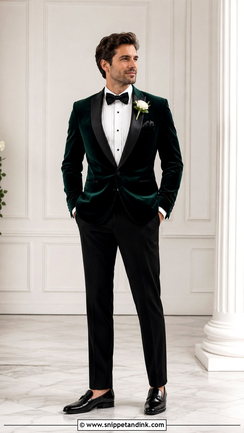 Emerald Green Velvet Tuxedo With Black Trousers - Snippet and Ink - 20 Emerald Green Tuxedo Wedding Ideas