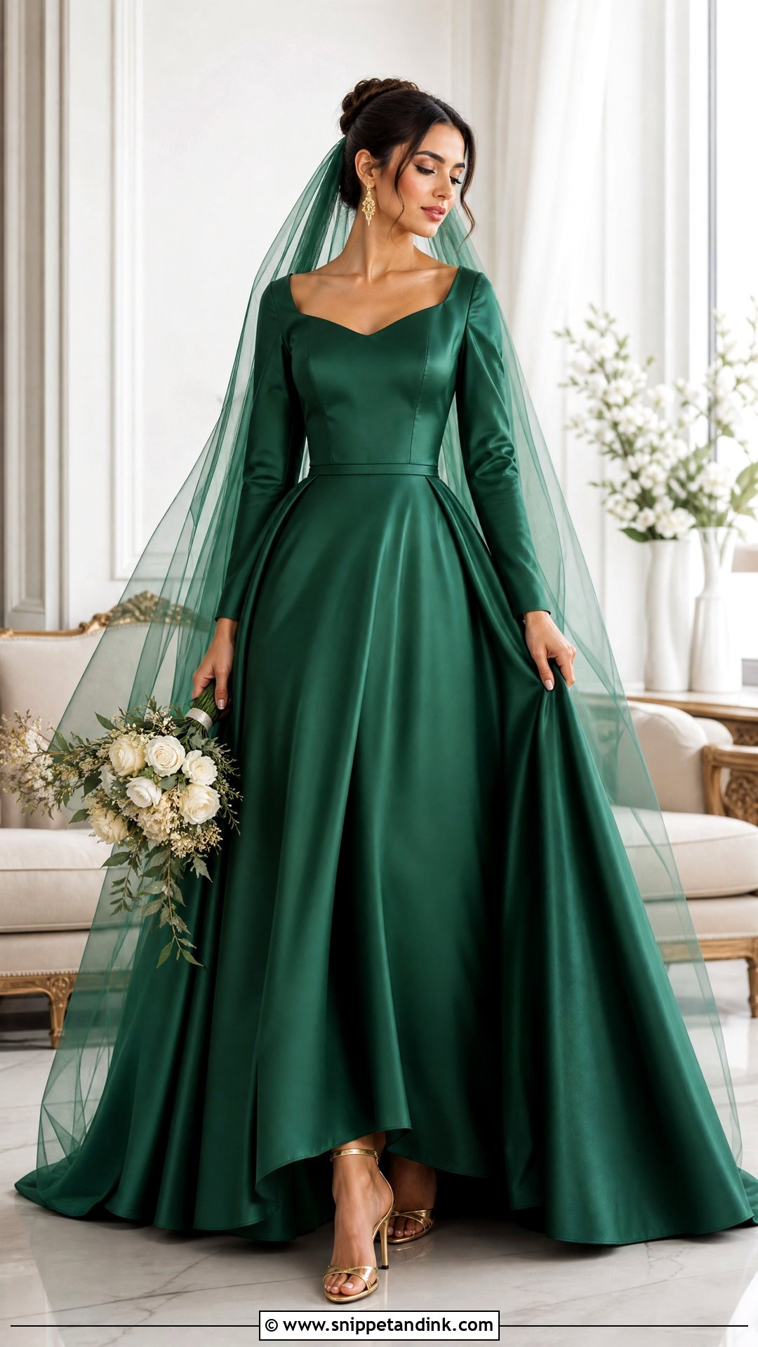 Emerald Green Wedding Dress With Gold Jewelry - Snippet and Ink - 20 Nontraditional Wedding Dress Color Ideas