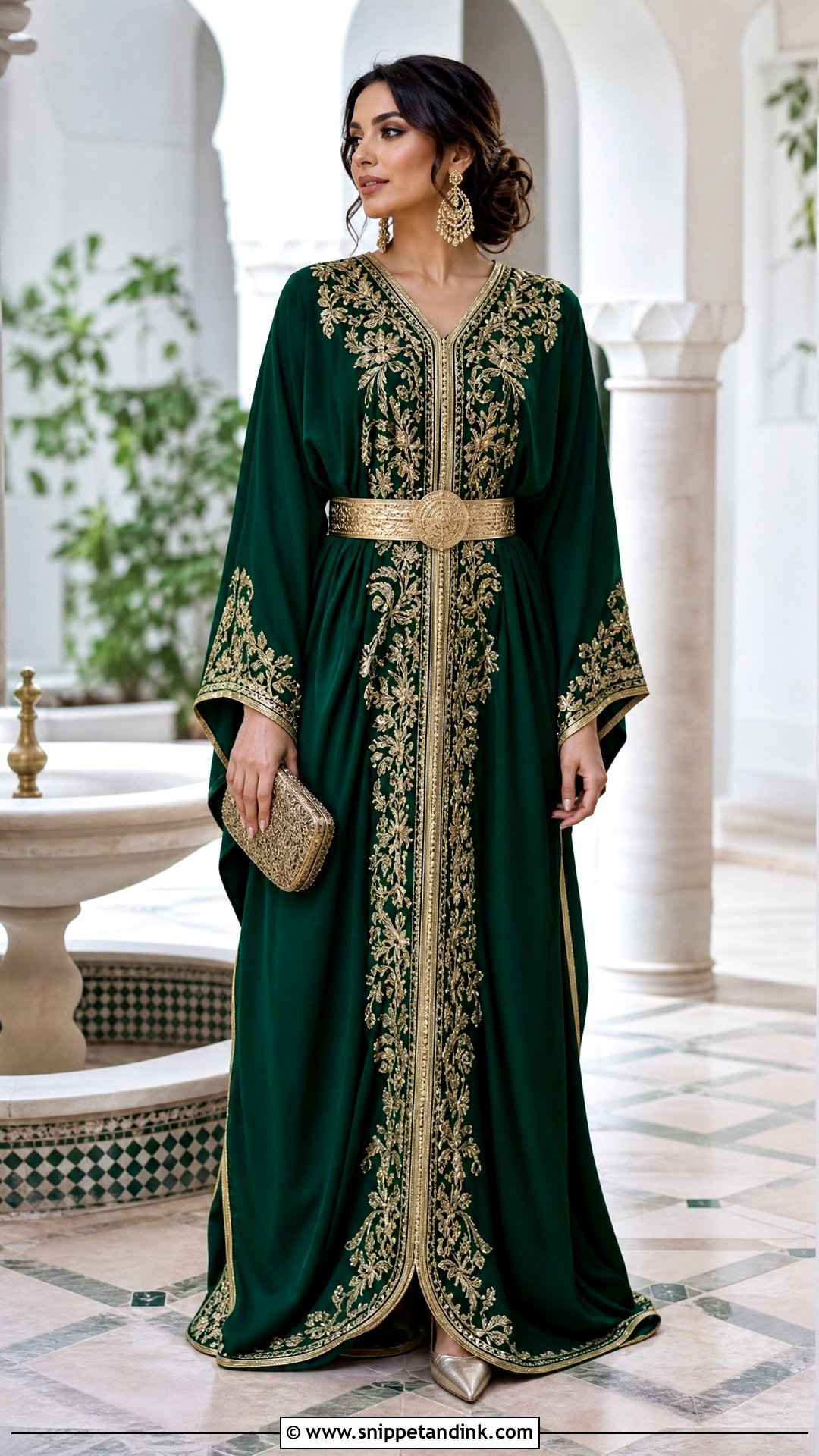 Emerald Green Wedding Kaftan With Gold Belt - Snippet and Ink - 20 Wedding Kaftan Ideas